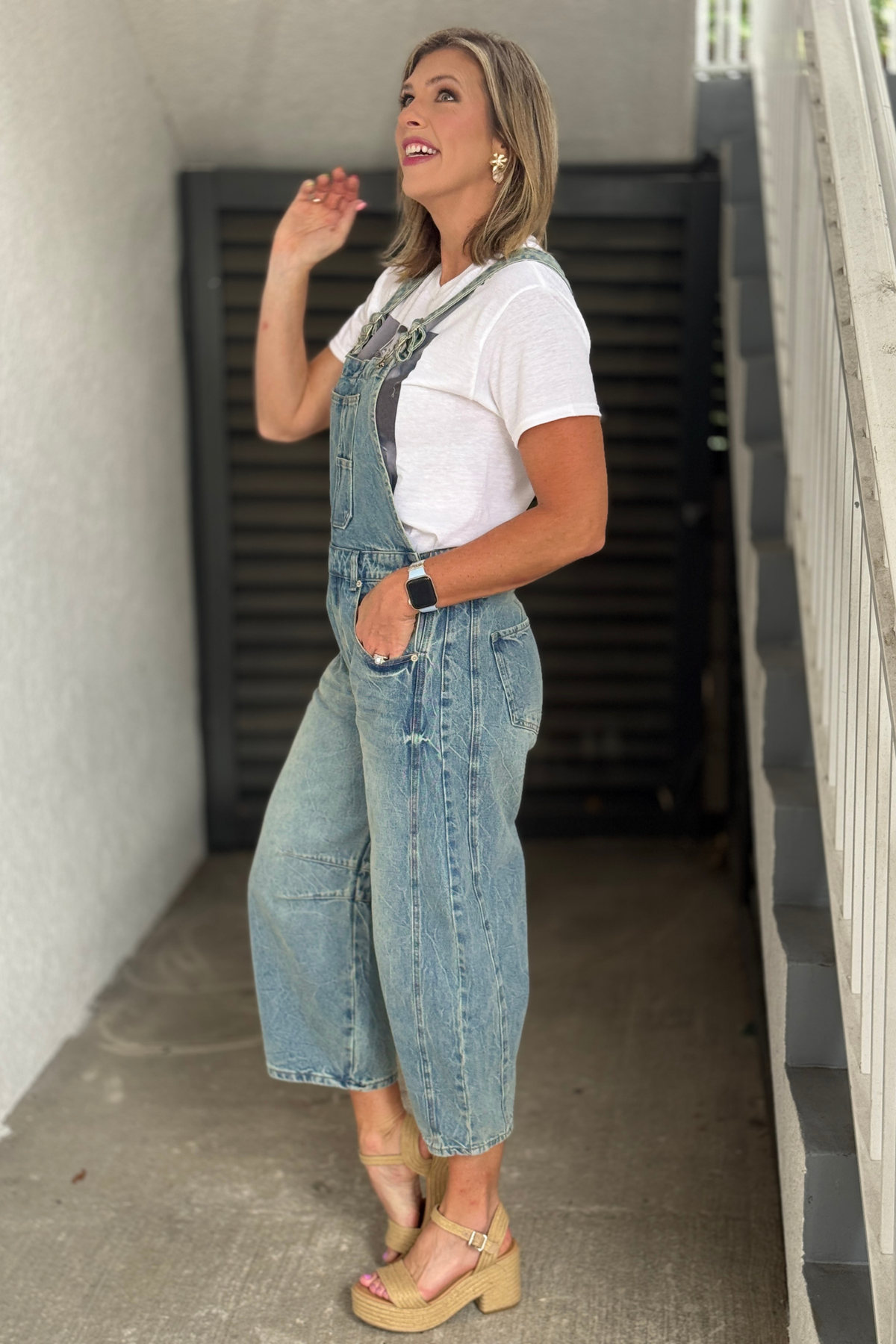 Cropped barrel leg denim jumpsuit