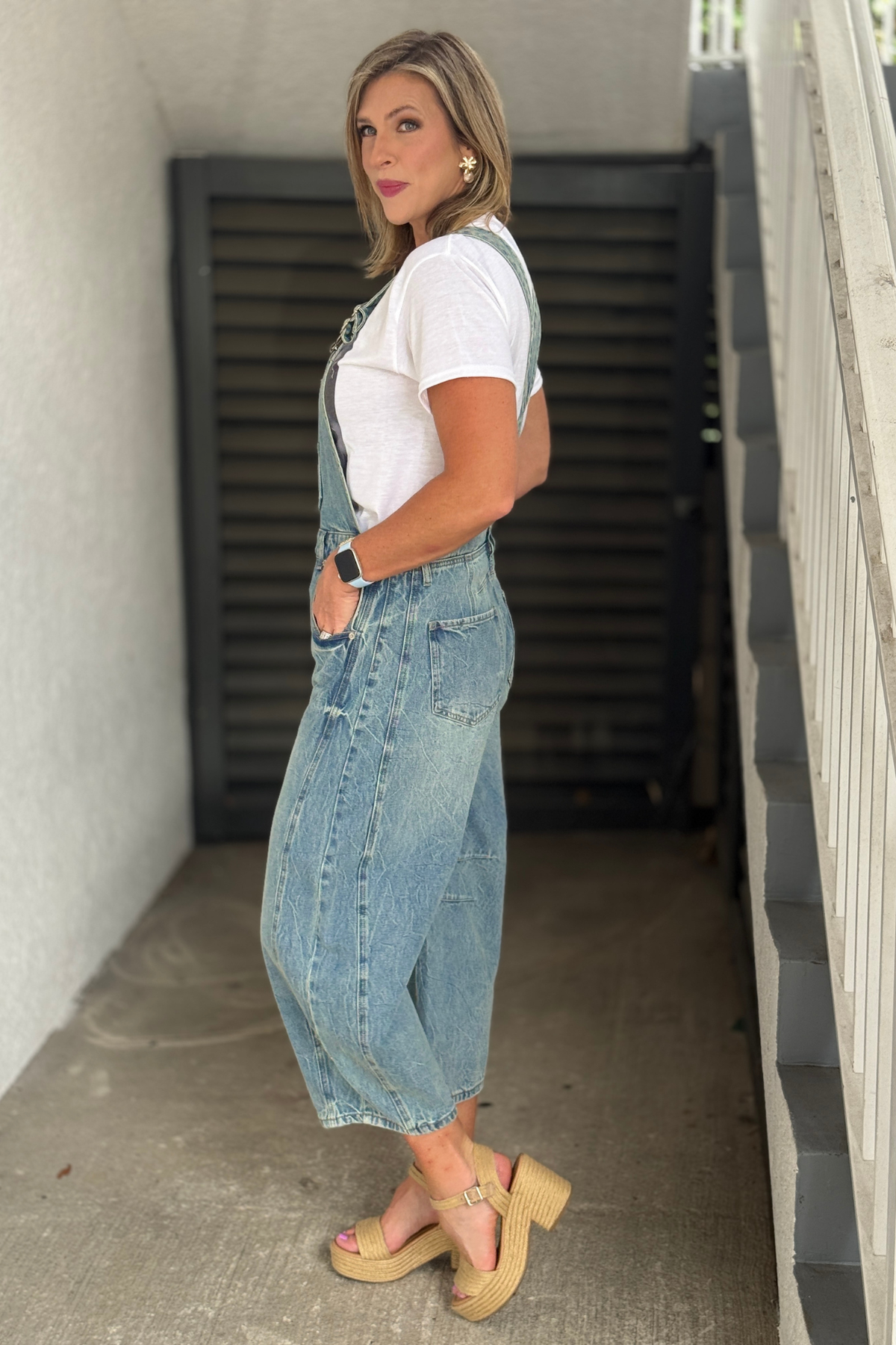 Woman wearing mineral wash denim barrel overalls
Blue Ridge Barrel Overalls front view