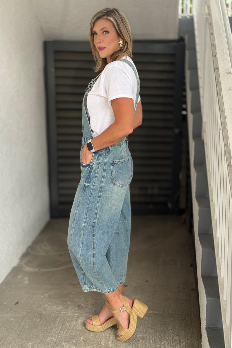 Woman wearing mineral wash denim barrel overalls
Blue Ridge Barrel Overalls front view
