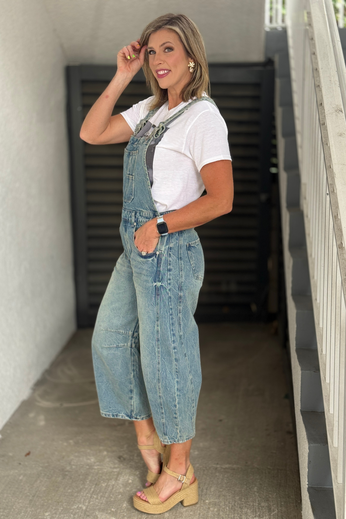 Mineral washed denim overalls with pockets