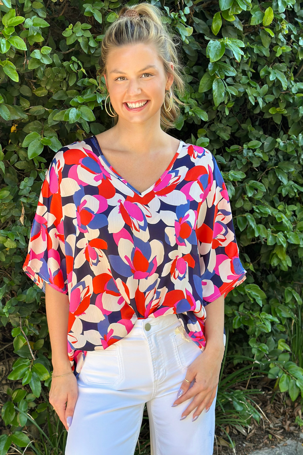 Bold Blooms Oversized V-Neck Top