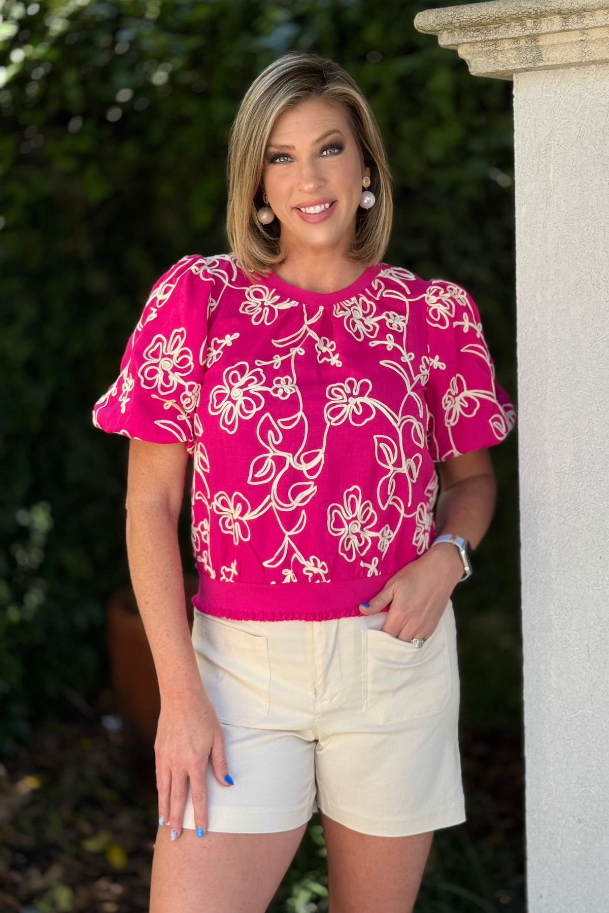 pink floral embroidered bubble sleeve top front view