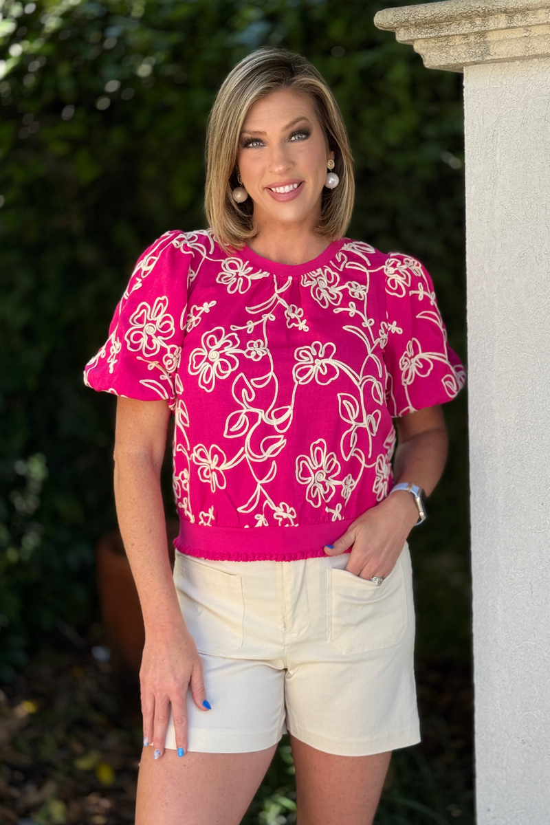 pink floral embroidered bubble sleeve top front view