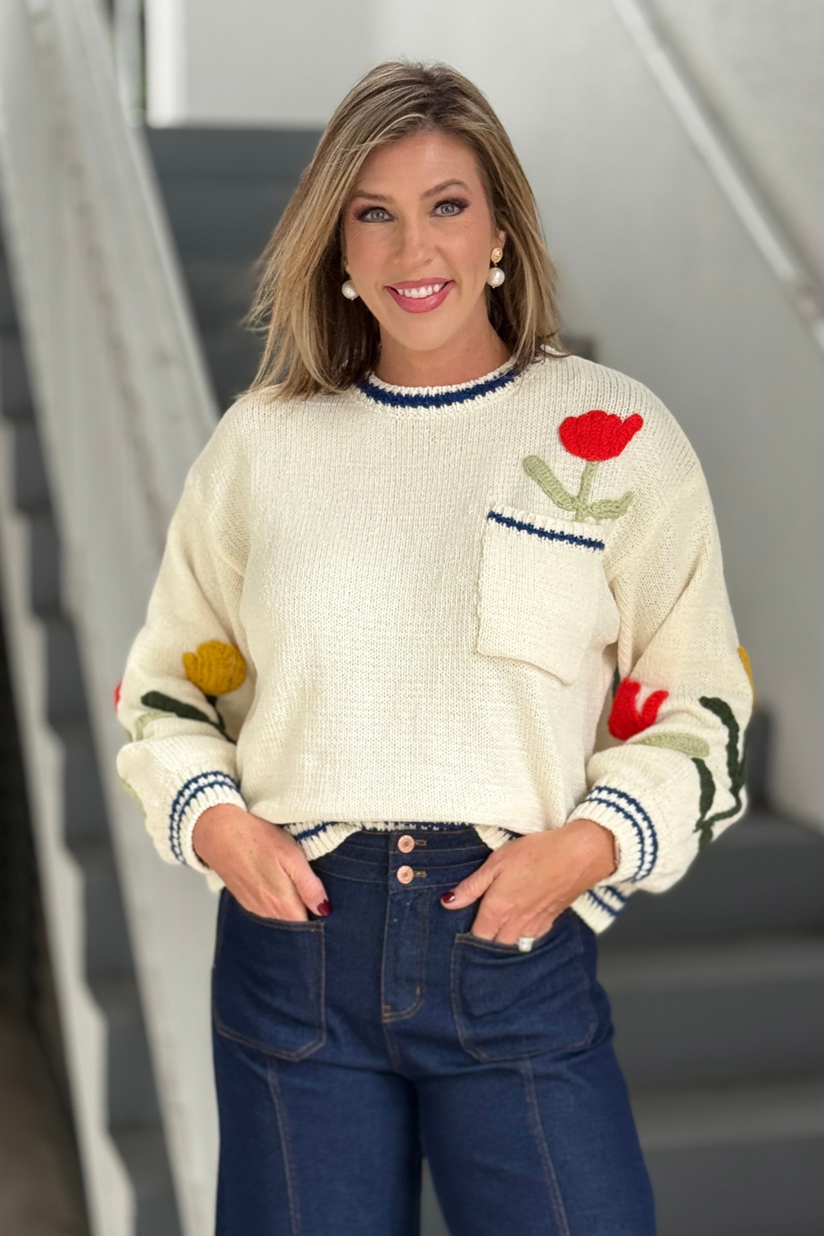 Folk Floral 3D embroidered chenille sweater in cream