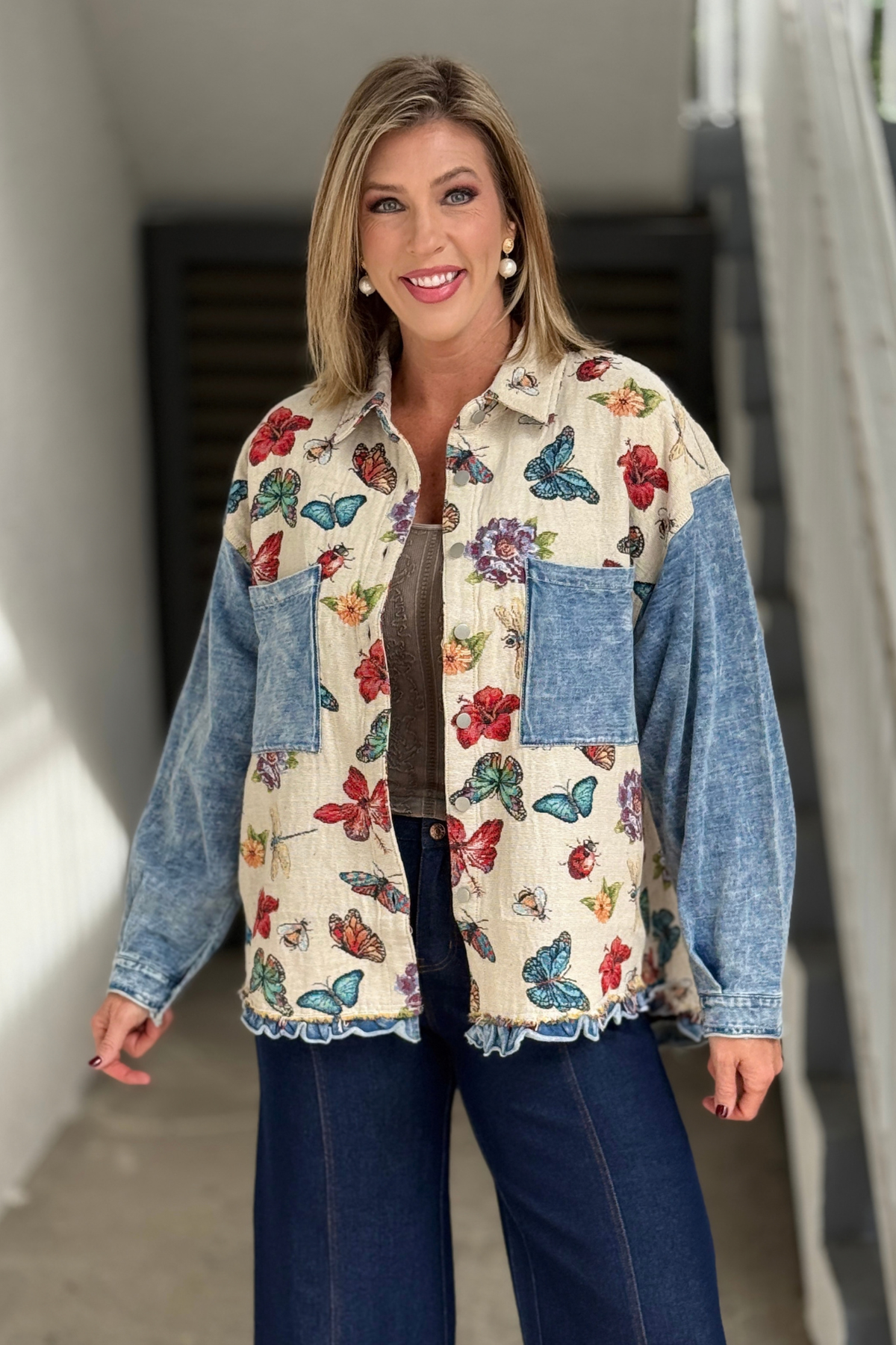 Oversized butterfly tapestry jacket with contrast sleeves