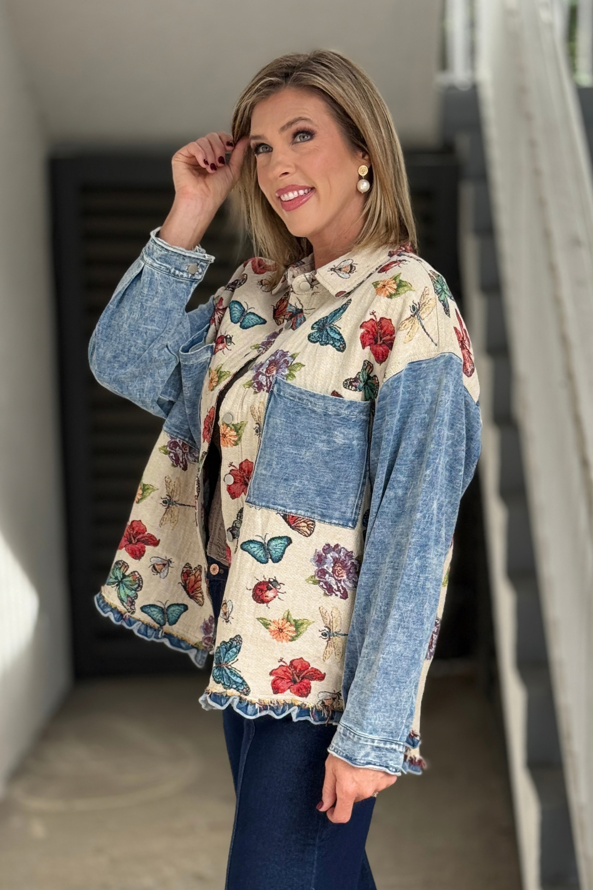 Mixed media butterfly jacket with ruffle hem