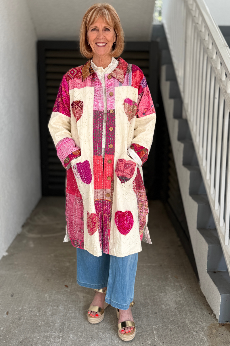 Women's cream eyelet patchwork duster with pink heart appliqués