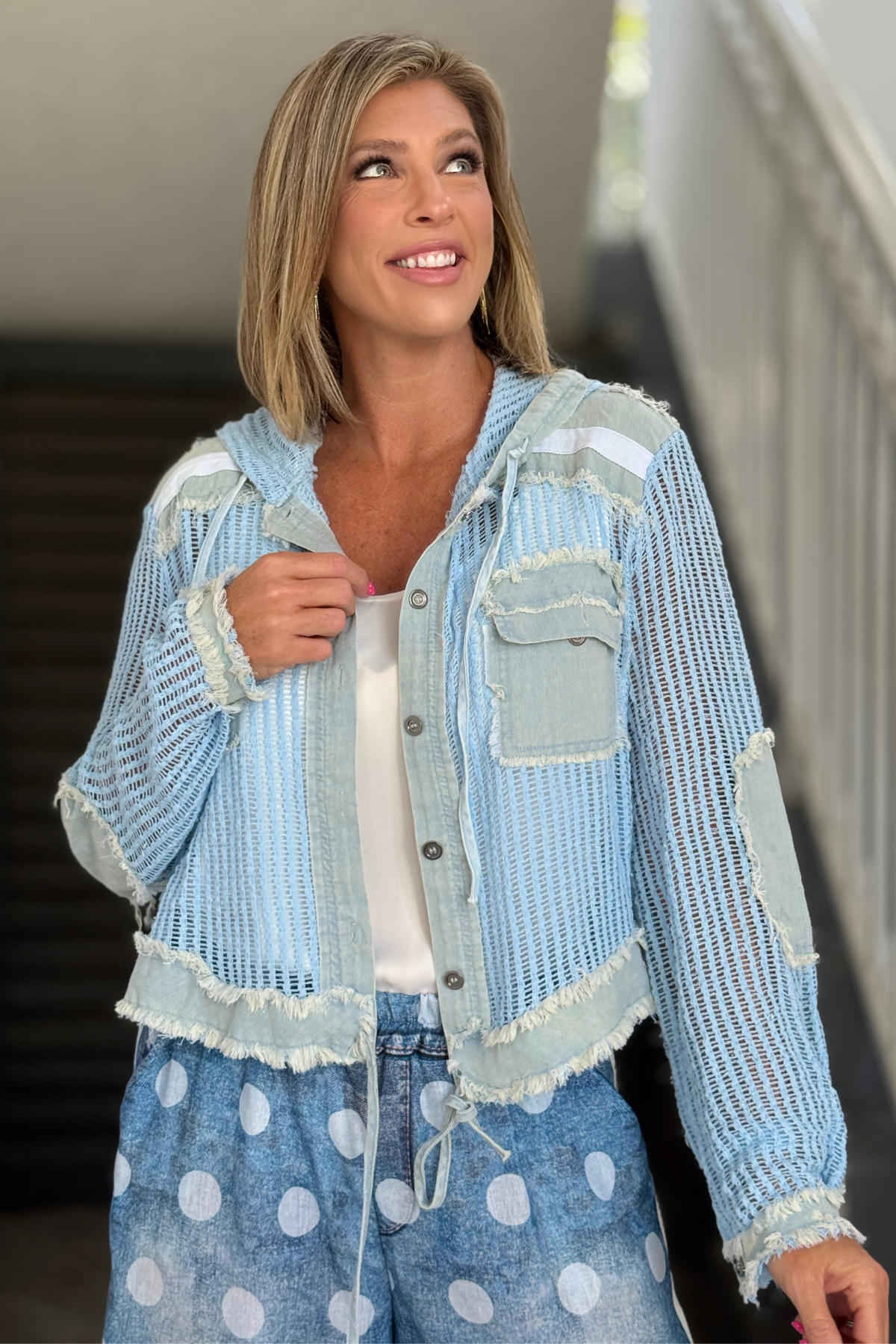Baby blue open knit hooded jacket