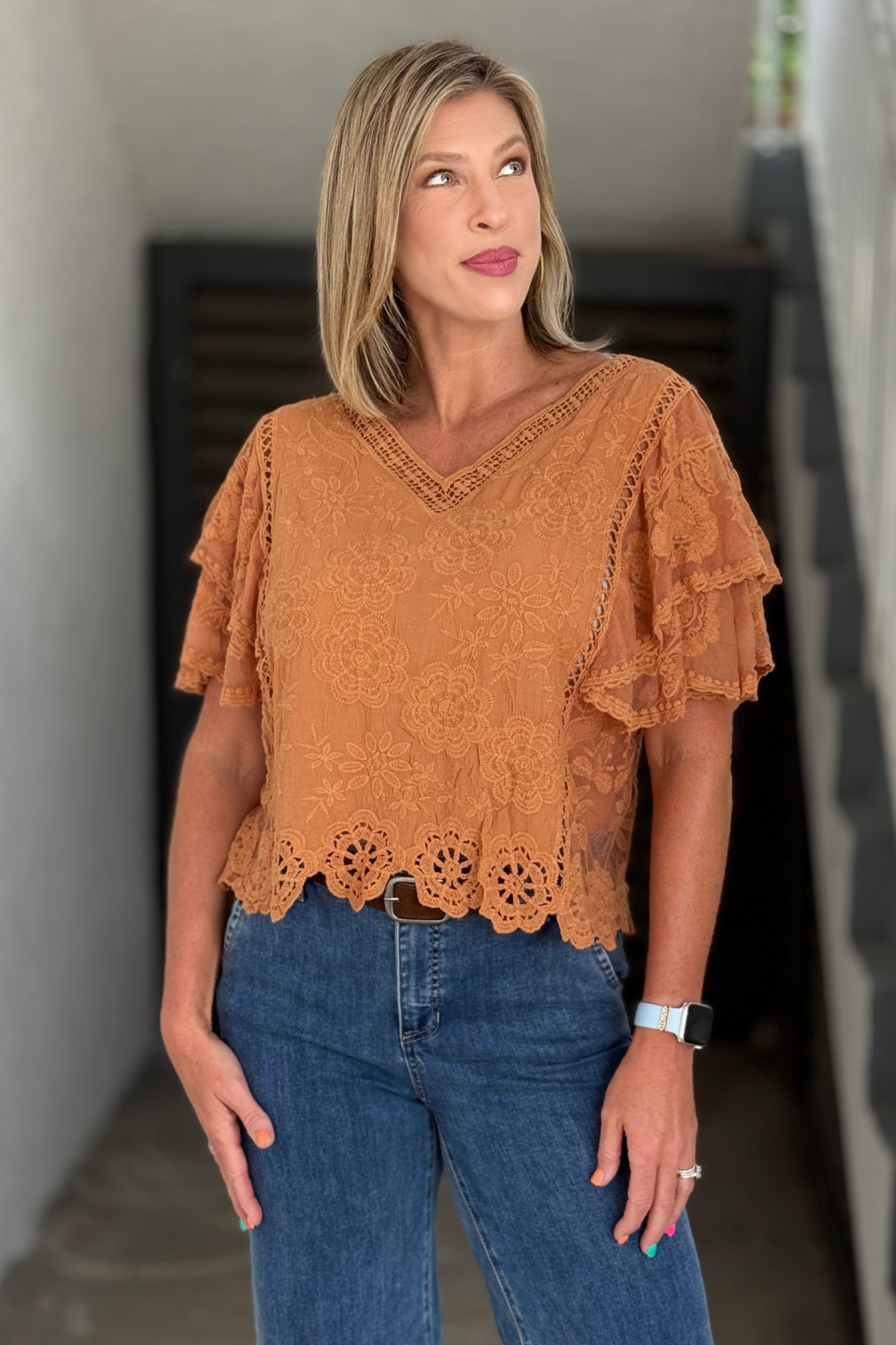 Caramel Dream Eyelet Blouse with floral embroidery