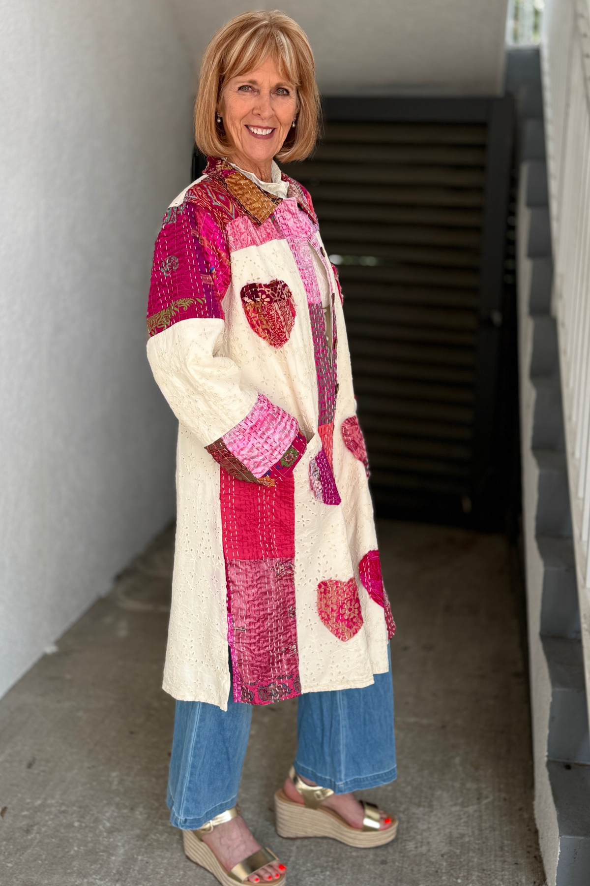 Long cotton patchwork duster dress with wood buttons
