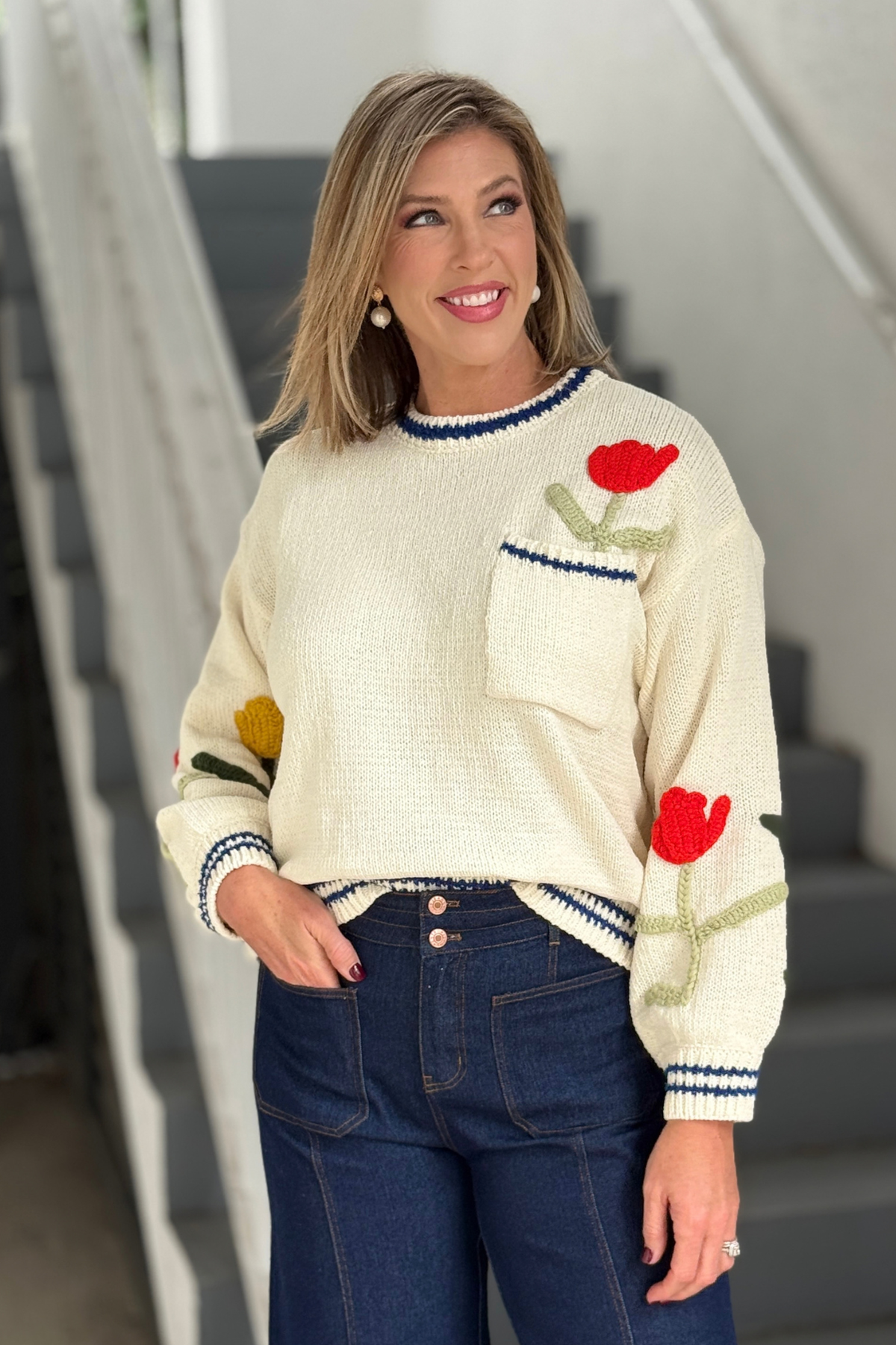 Women's relaxed fit floral sweater with balloon sleeves