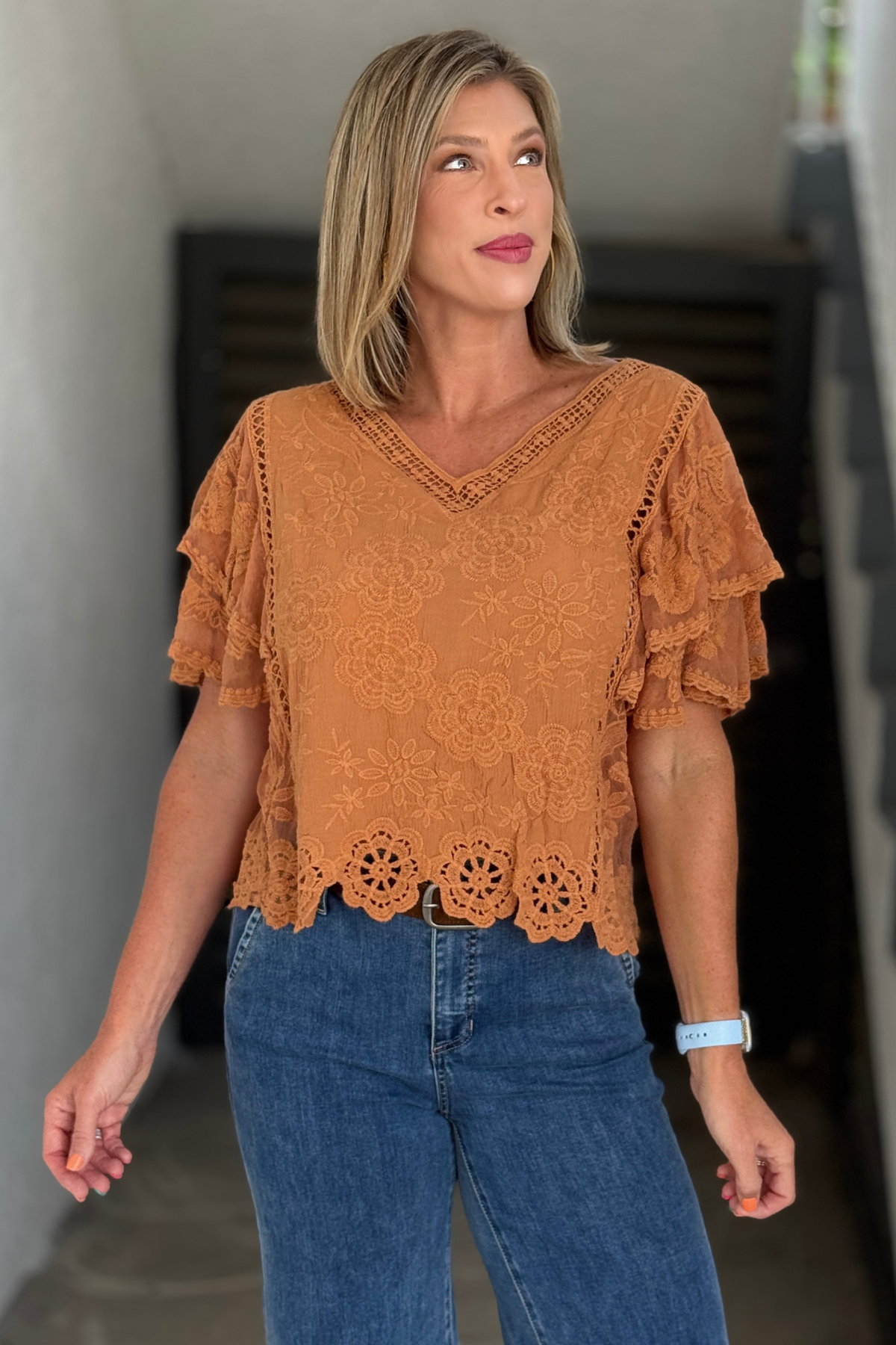 Caramel lace blouse with scalloped embroidered hem