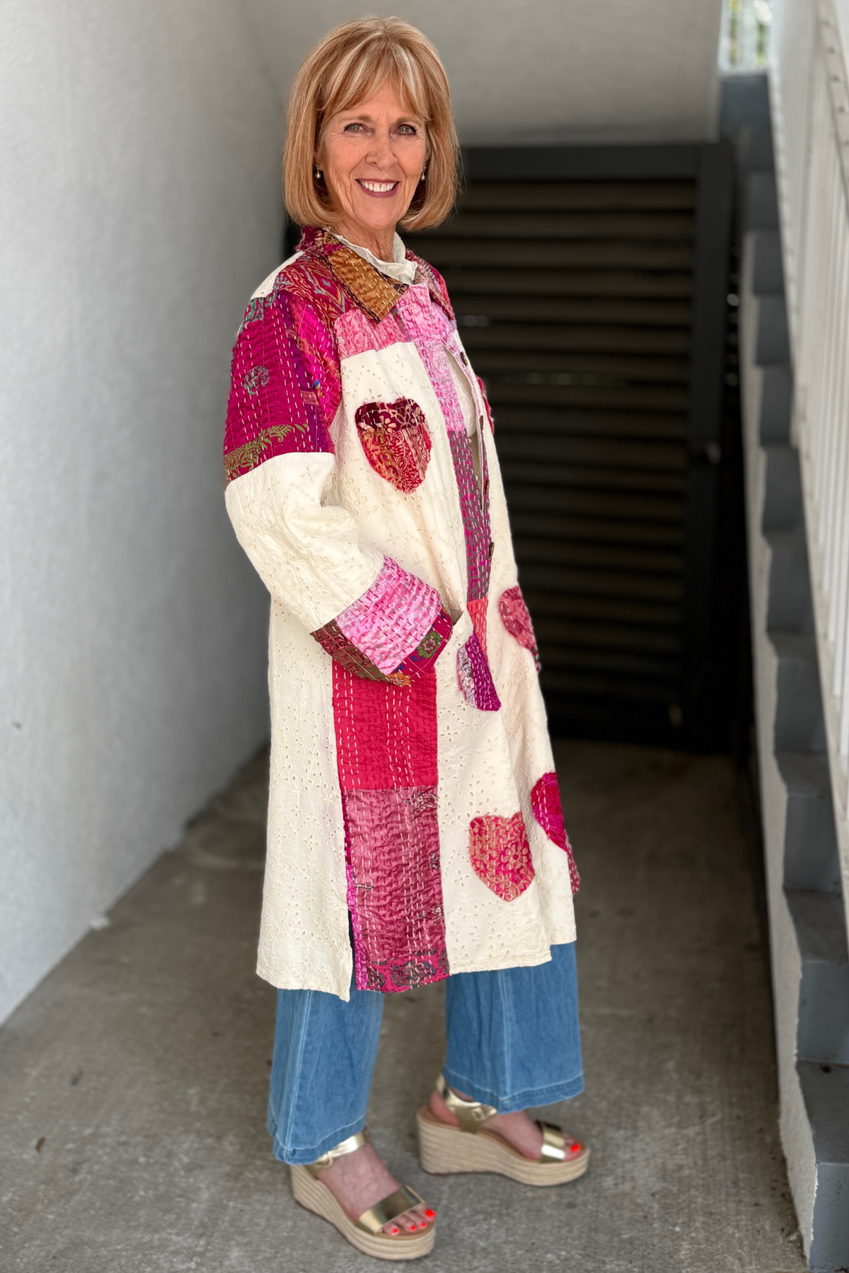 Cream and pink mixed print heart patch duster for women