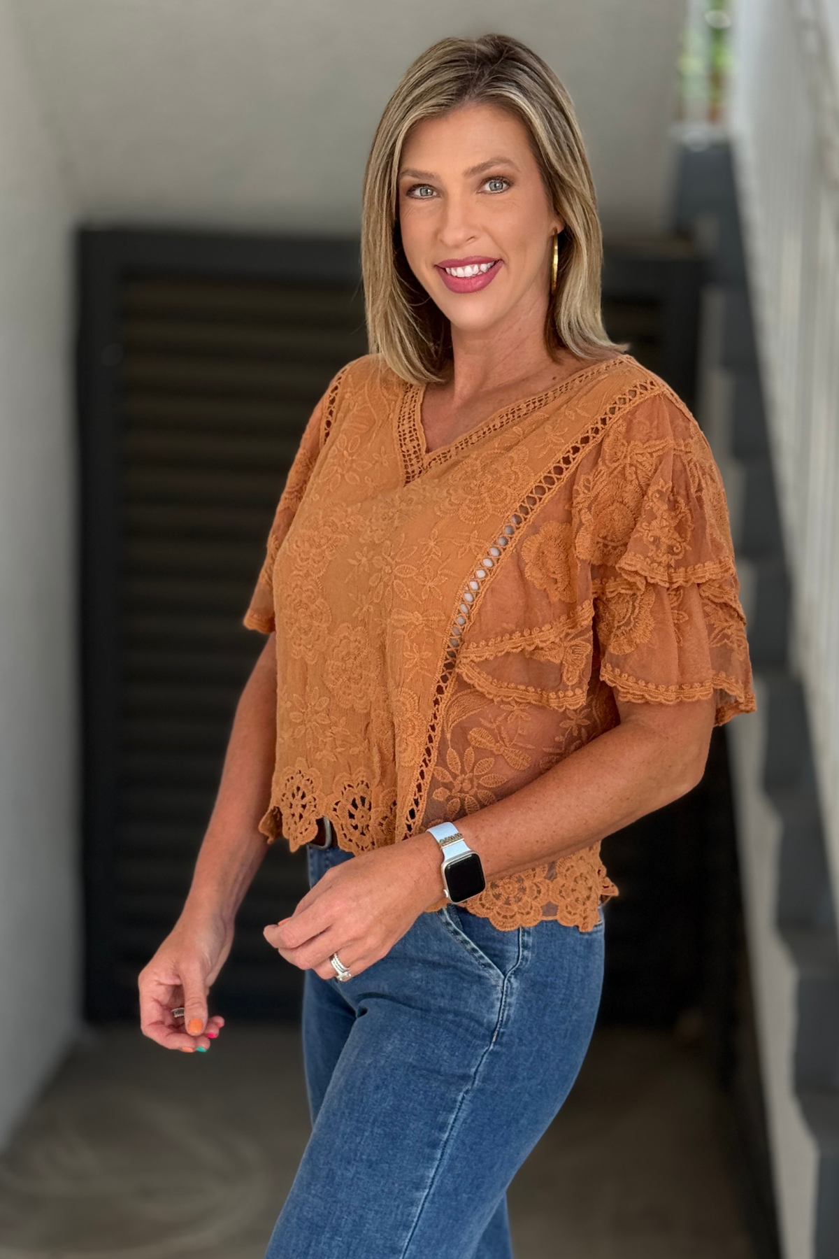 One size floral embroidered blouse in caramel