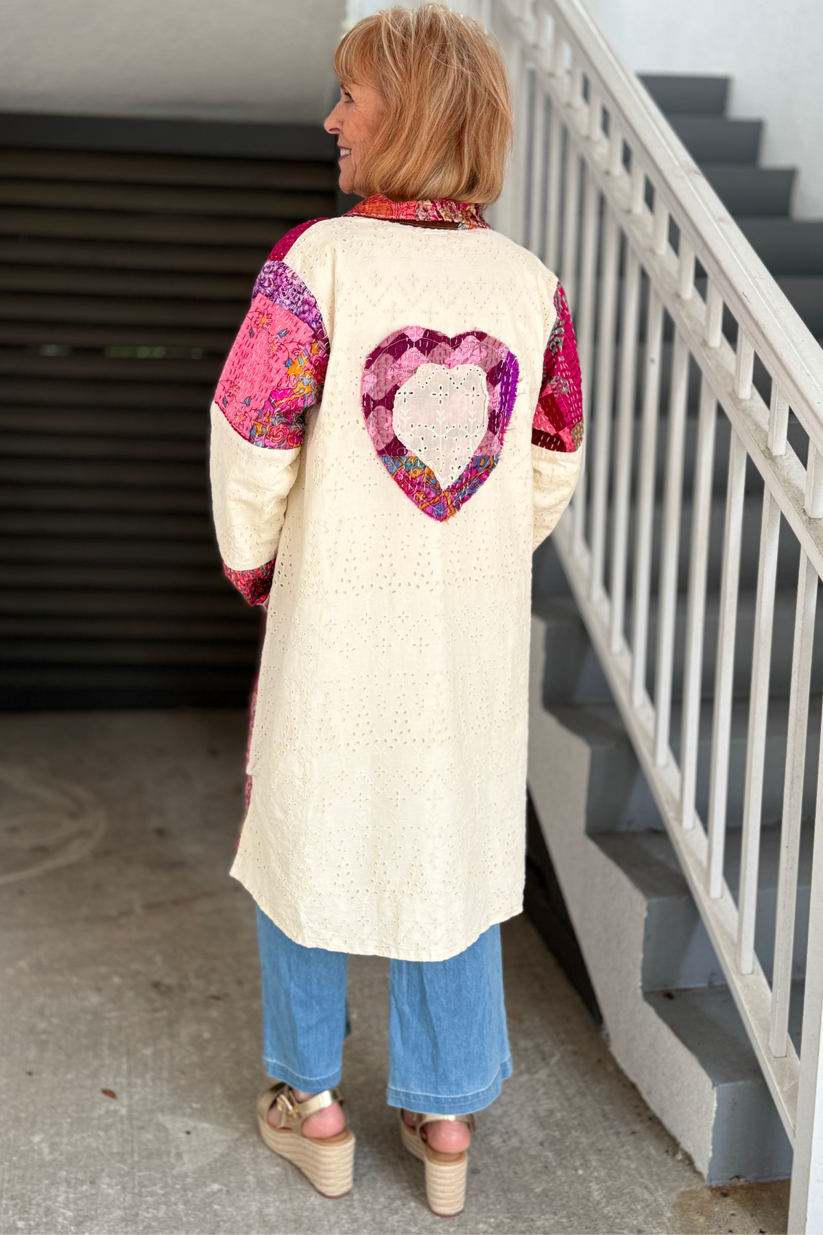 Women's patchwork duster dress with front pockets and hand stitching