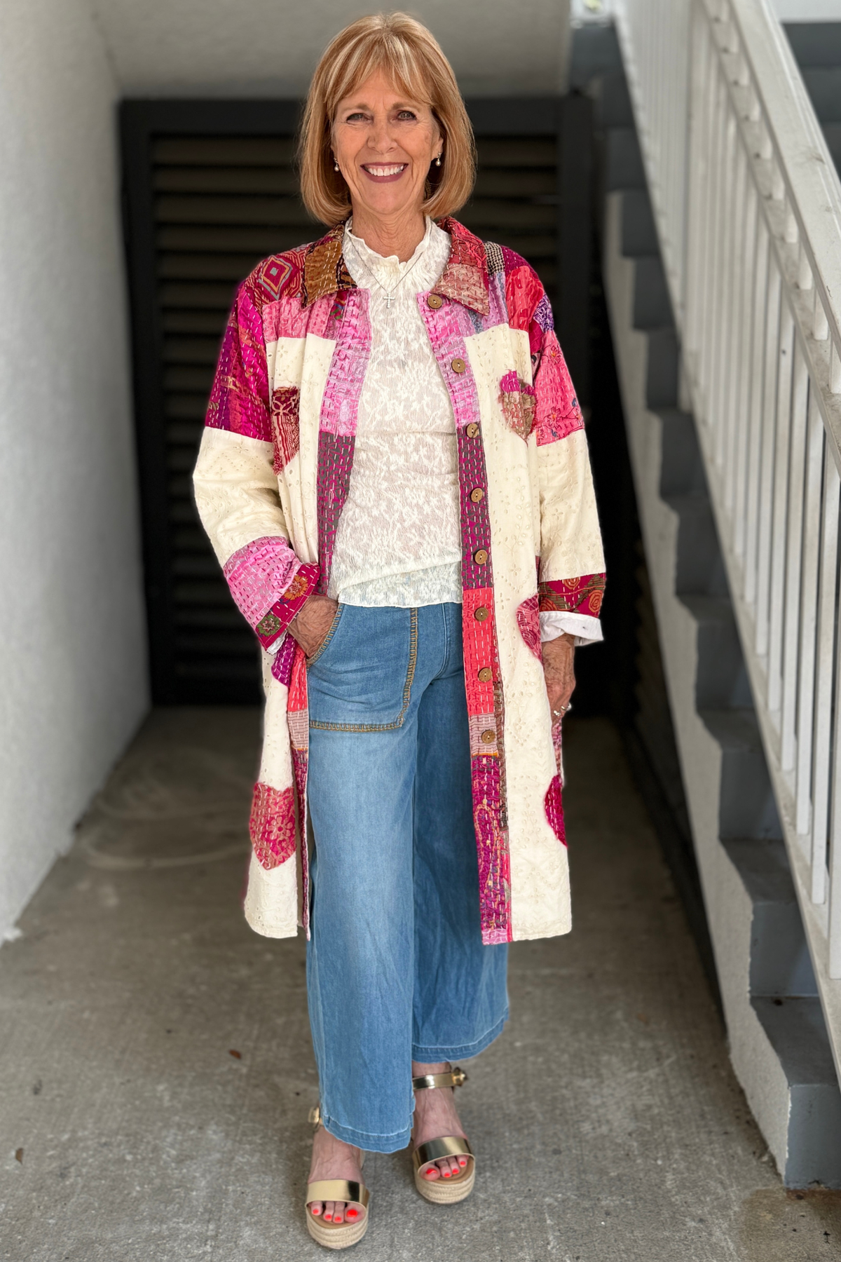 Love Story Patchwork Duster Dress in Cream and Pink