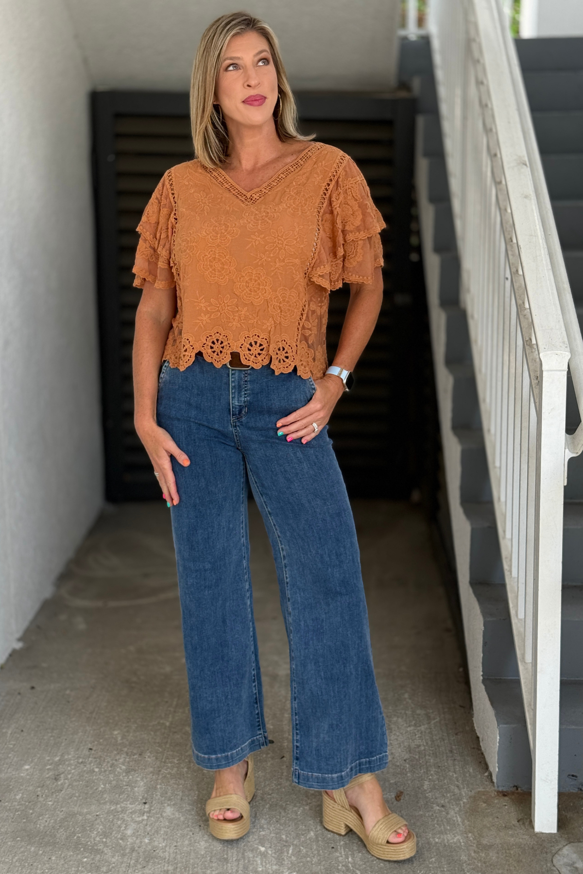 Caramel embroidered blouse with lace flutter sleeves