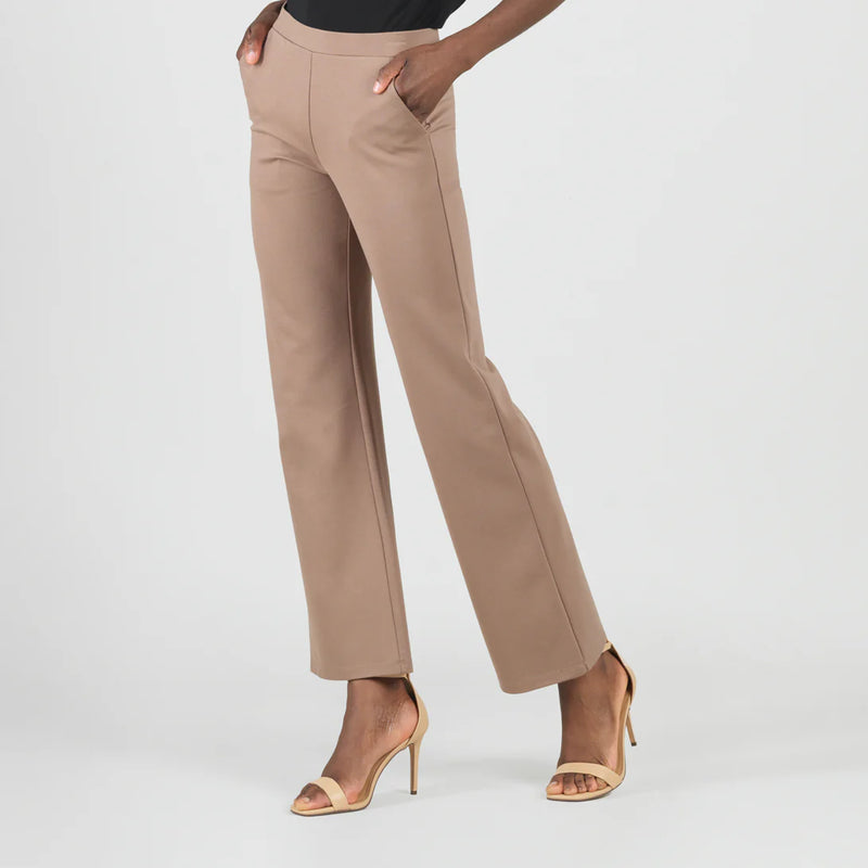 Taupe straight-leg ponte knit pant with pockets, side view