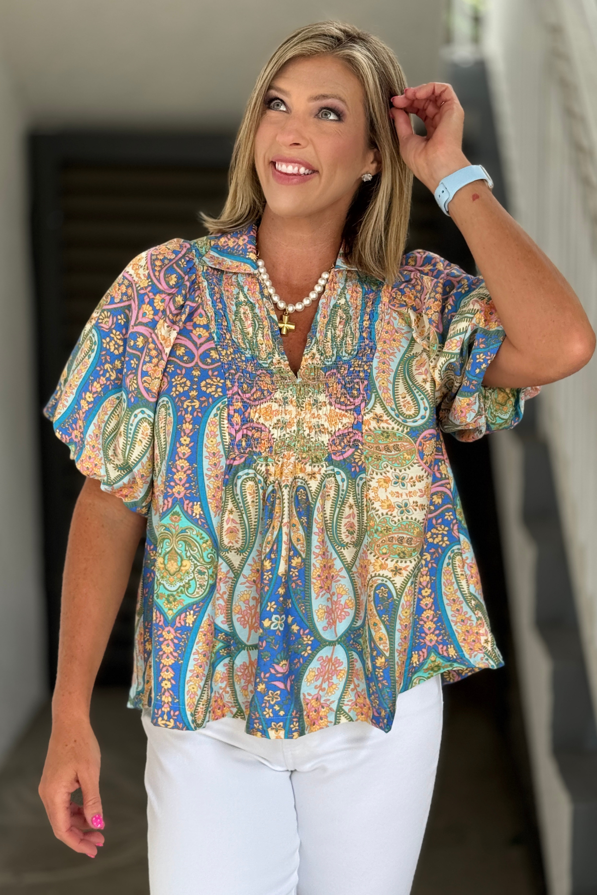 Blue Paisley Smocked Flutter Sleeve Blouse