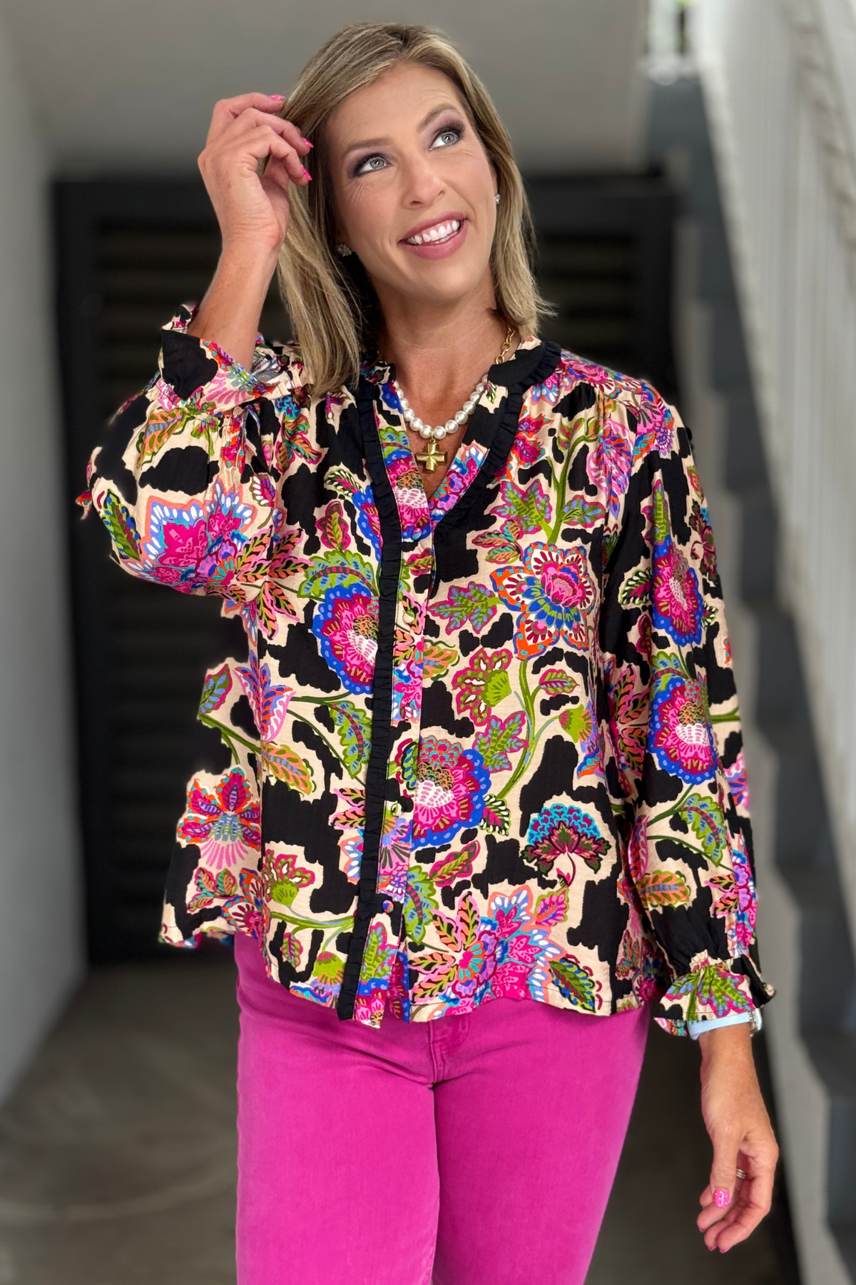 Mixed floral button front blouse with ruffle trim