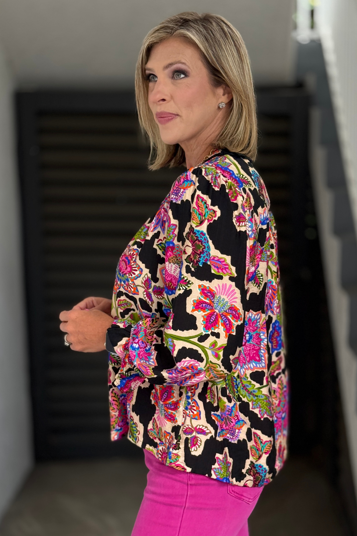Back view of flowy floral blouse