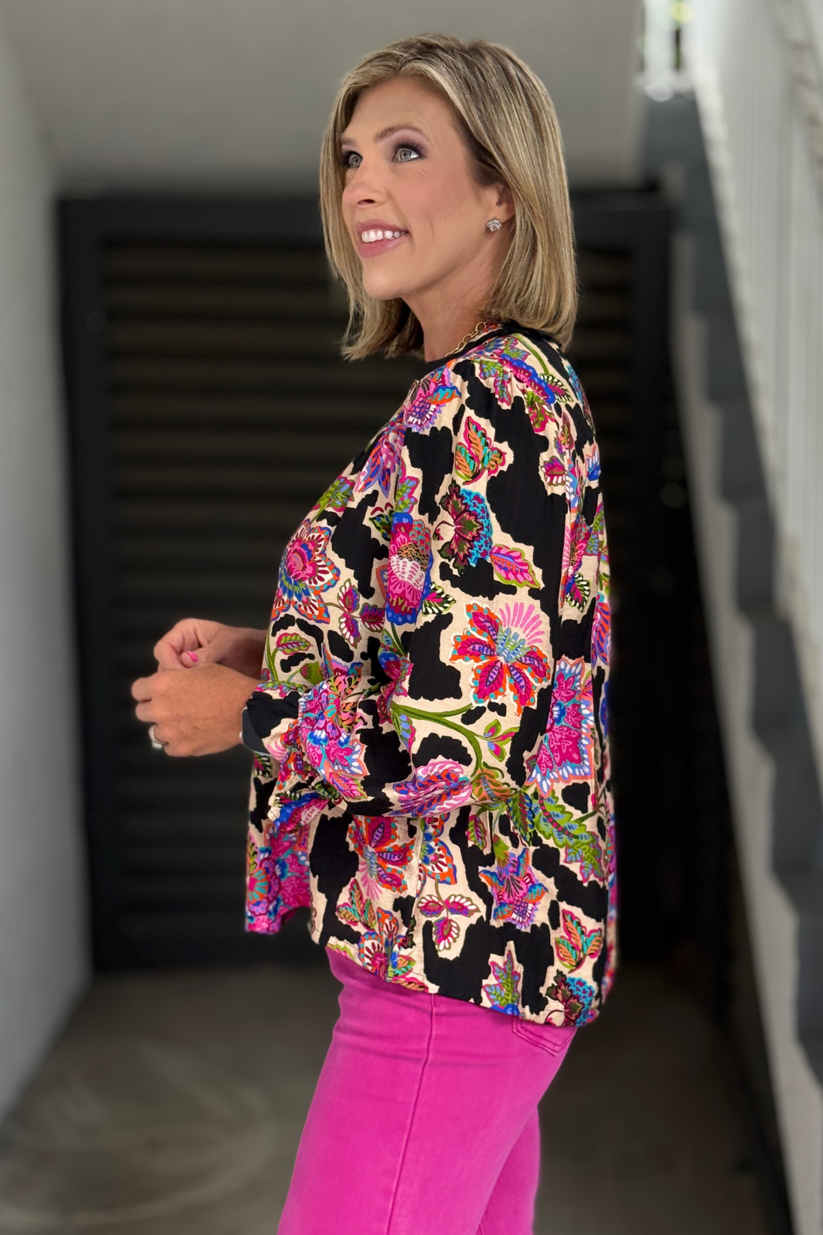 Boutique floral blouse styled with pink denim