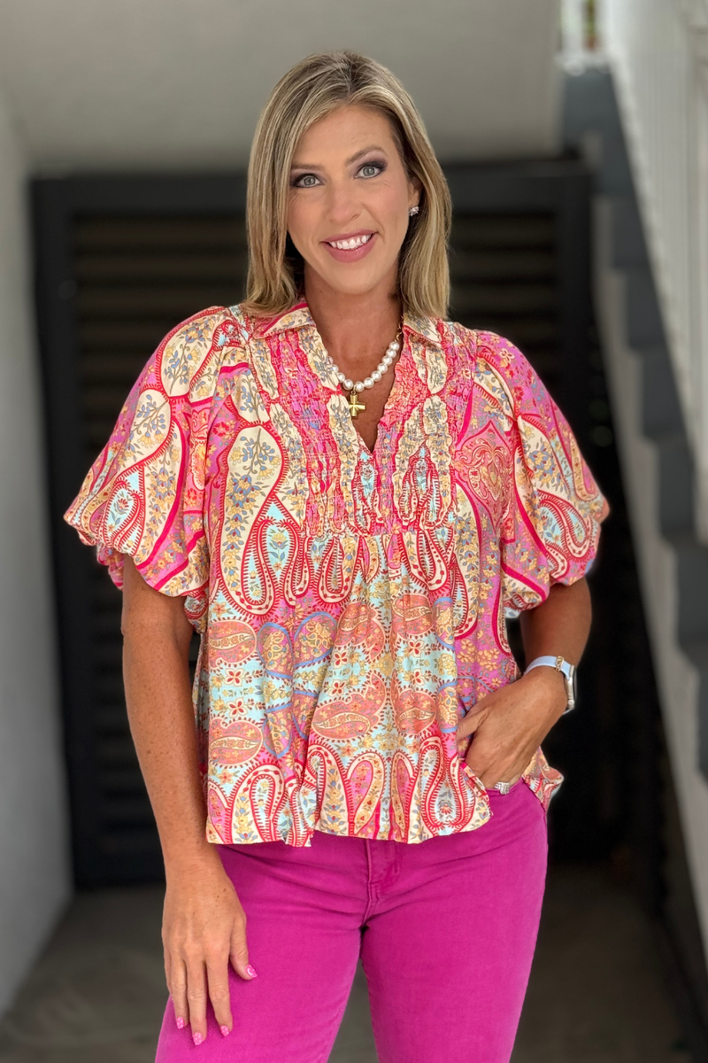 Pink Paisley Flutter Sleeve Blouse front view