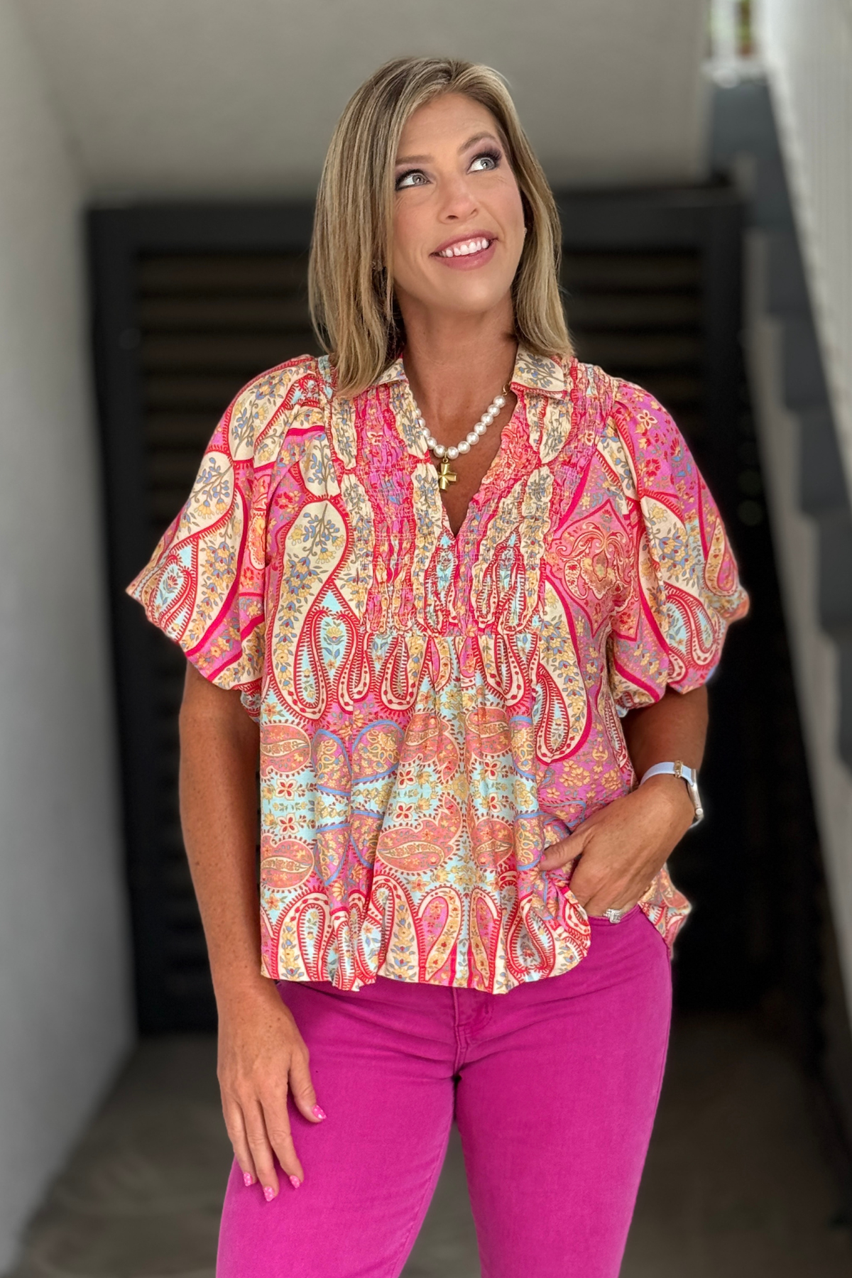 Women's pink paisley print blouse