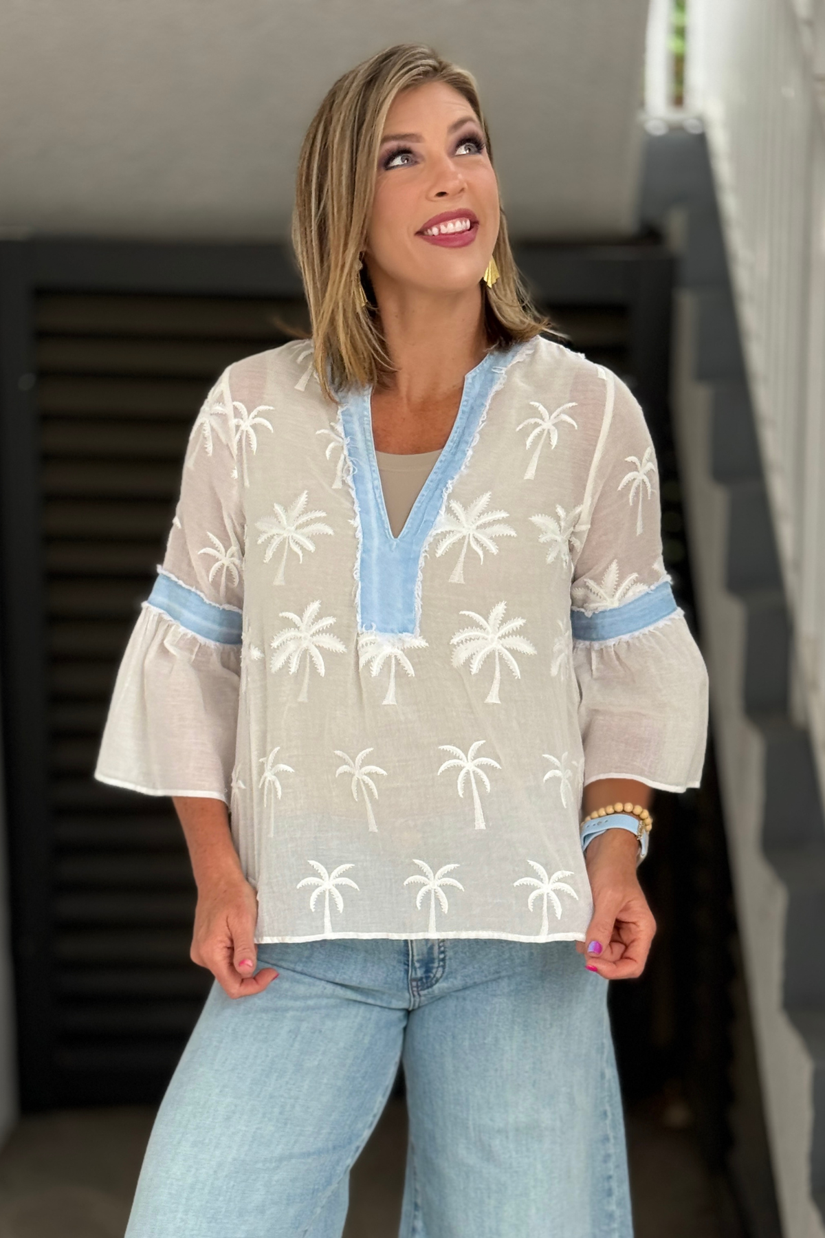 Made in Italy sheer palm tree embroidered blouse with bell sleeves