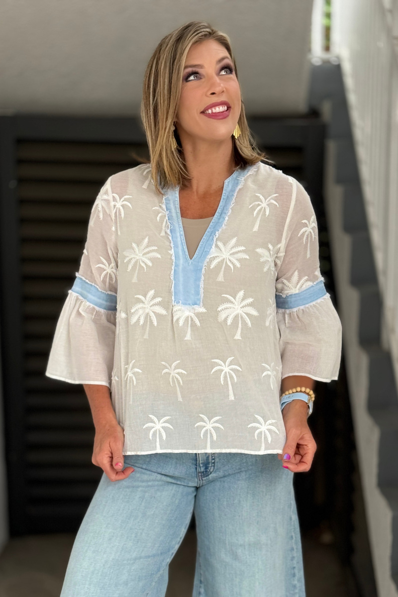 Made in Italy sheer palm tree embroidered blouse with bell sleeves