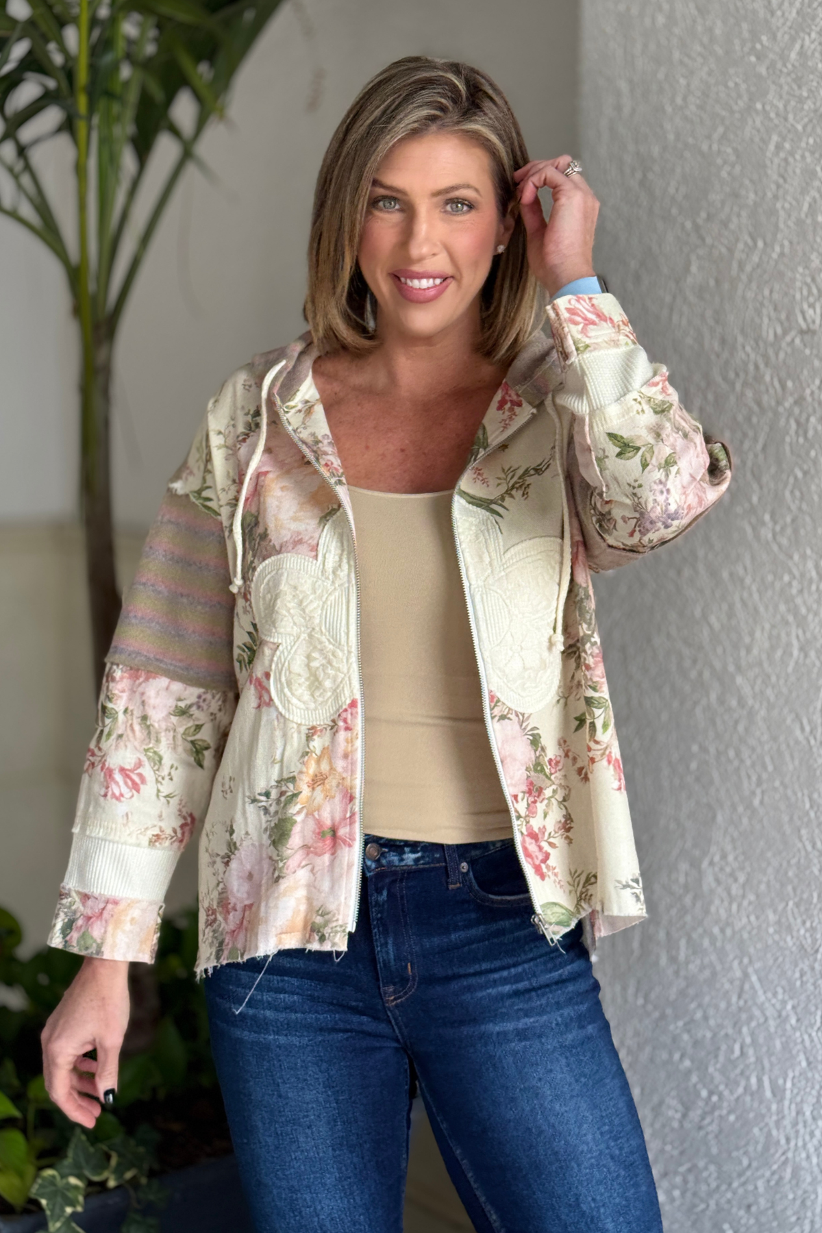 Boho floral zip up hoodie with striped knit sleeves