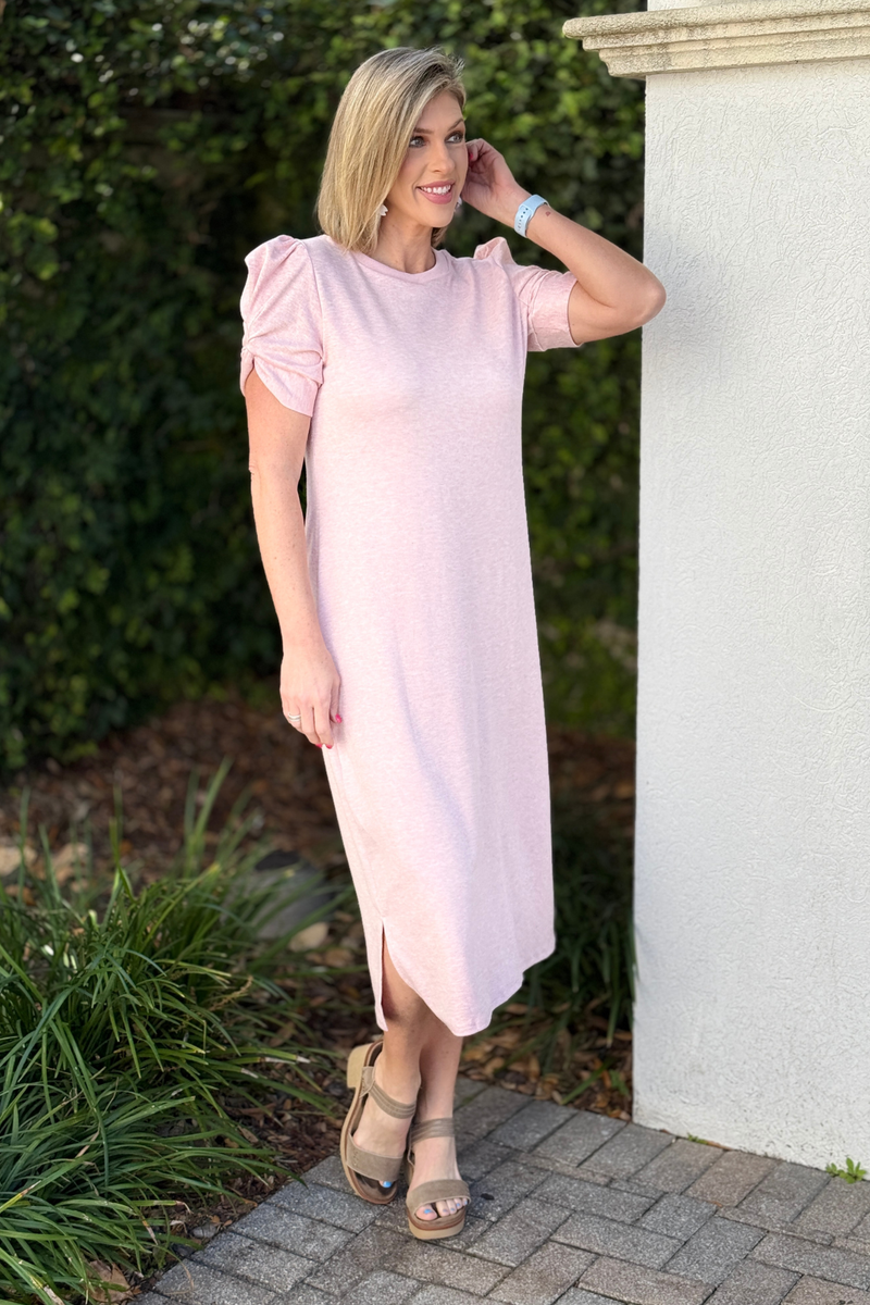 Casual pink round neck midi dress with side slits