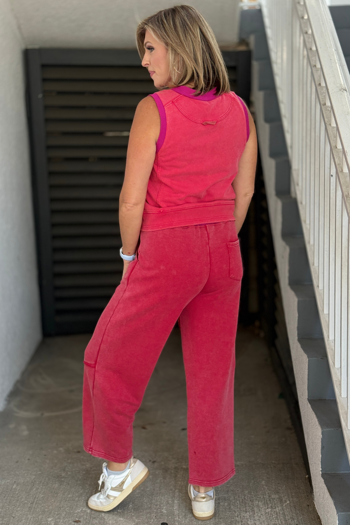 Sleeveless crewneck lounge top paired with washed French terry barrel pants