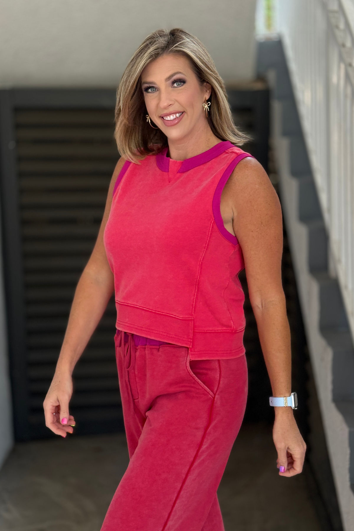 Casual boutique matching set in vibrant pink with comfortable everyday styling