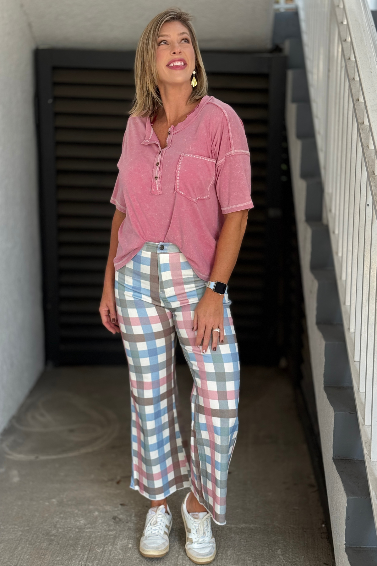 Women’s multi-color plaid wide leg pants with denim jacket
