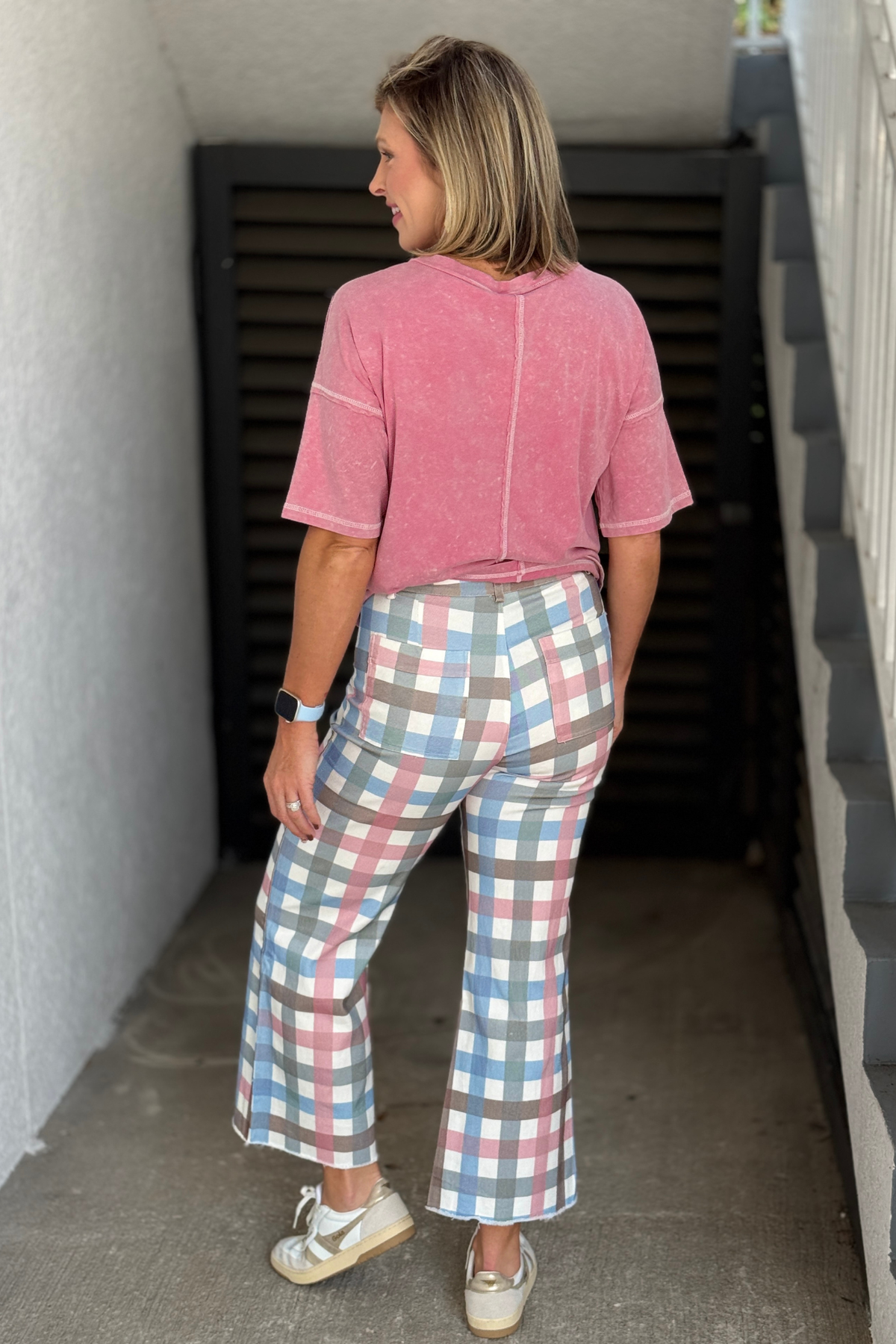 Women’s colorful plaid pants with front pintuck detailing