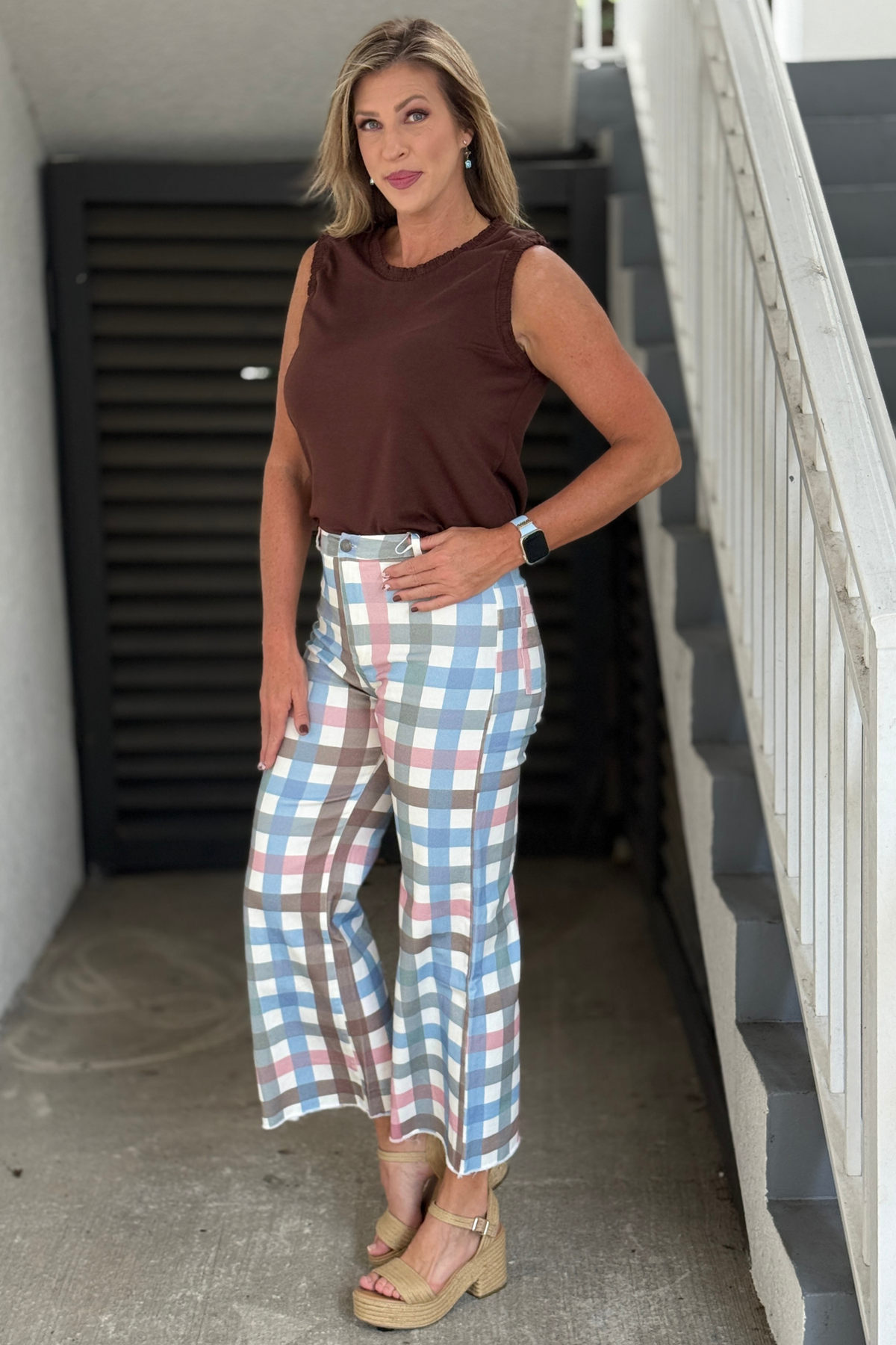 High-rise pink blue and sage plaid pants for women