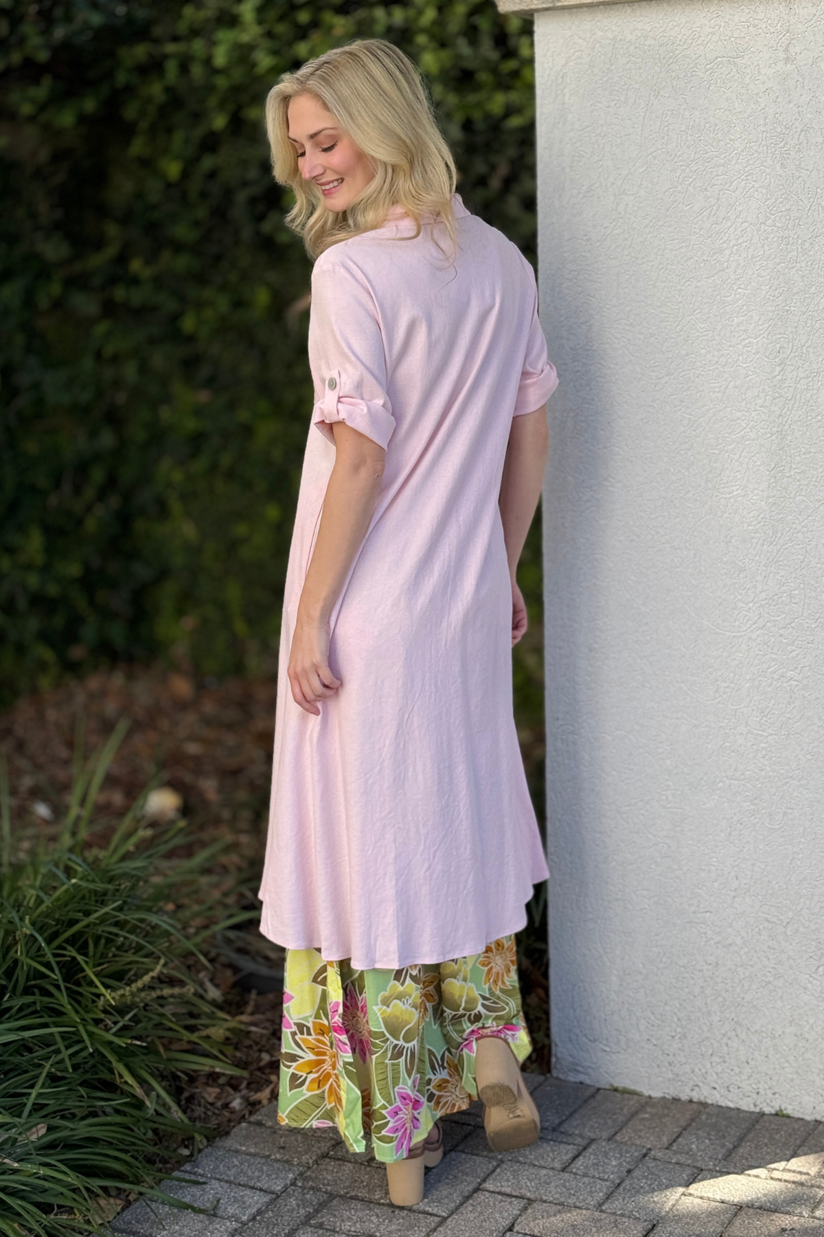 Back view of baby pink breathable linen beach cover up tunic