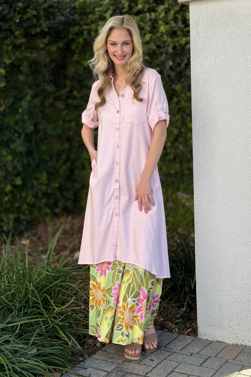Baby pink linen collared button down tunic styled casual summer outfit