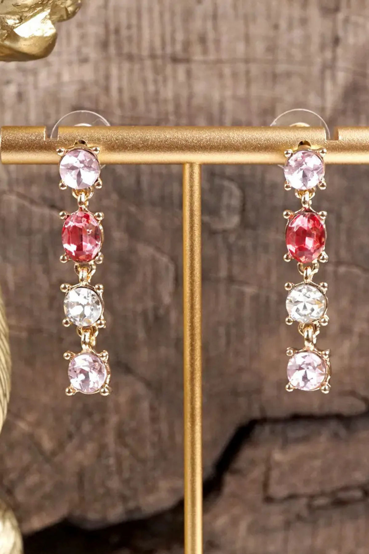 Color Cascade Linear Drop Earrings — Sparkling Crystals in Pinks
