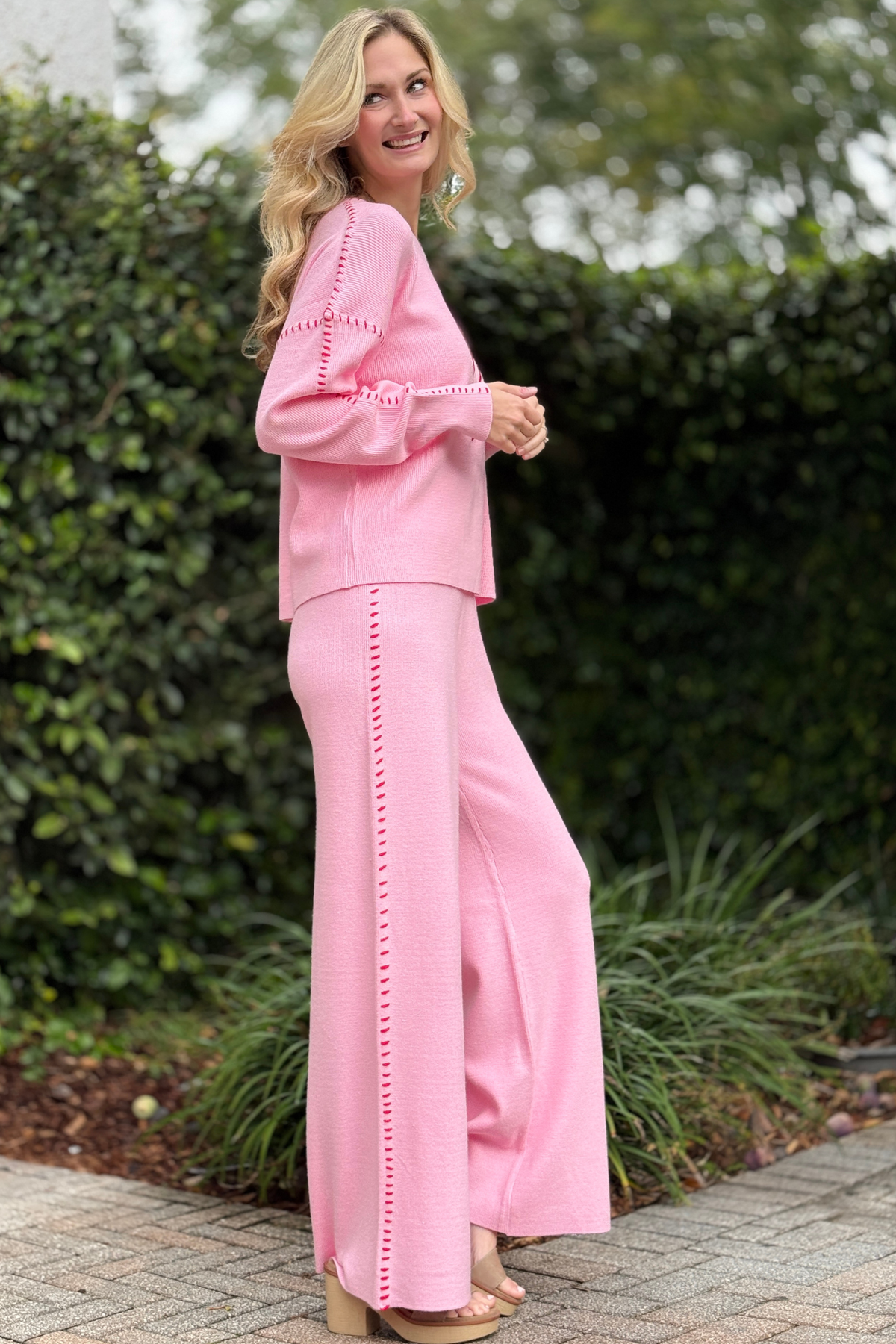 Pink cozy knit set with wide-leg pants
