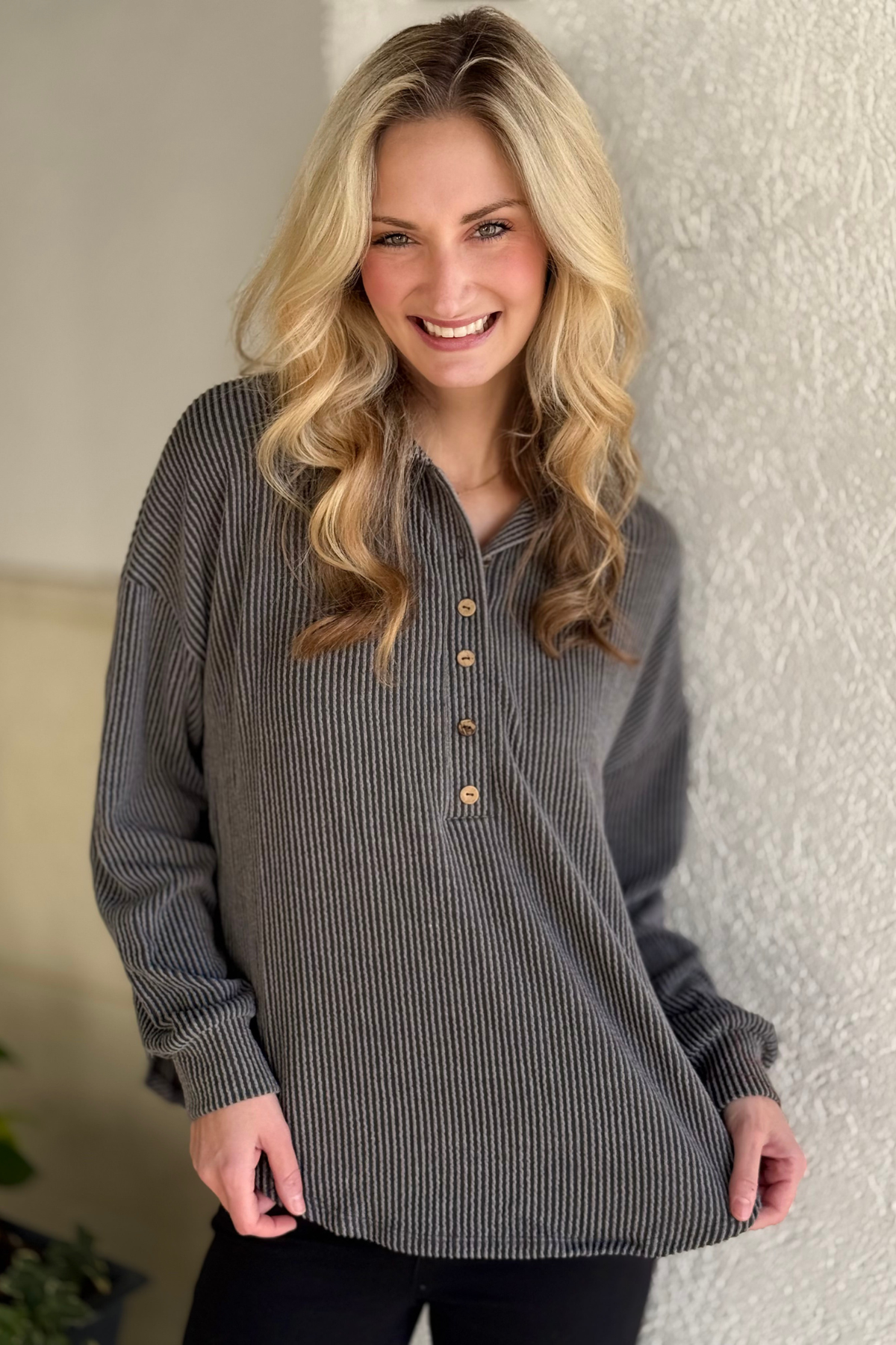Charcoal pinstripe collared knit top
