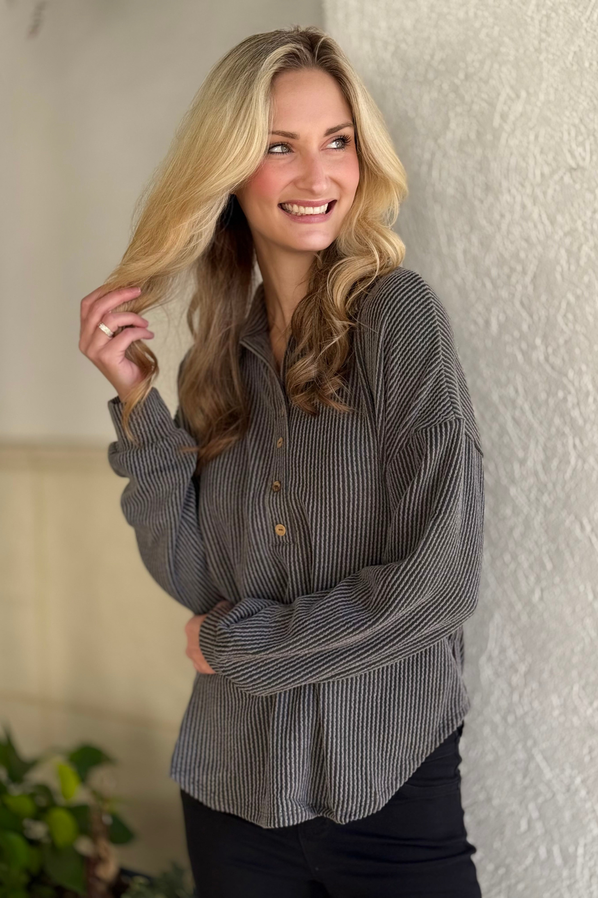 Women’s charcoal half button polo knit