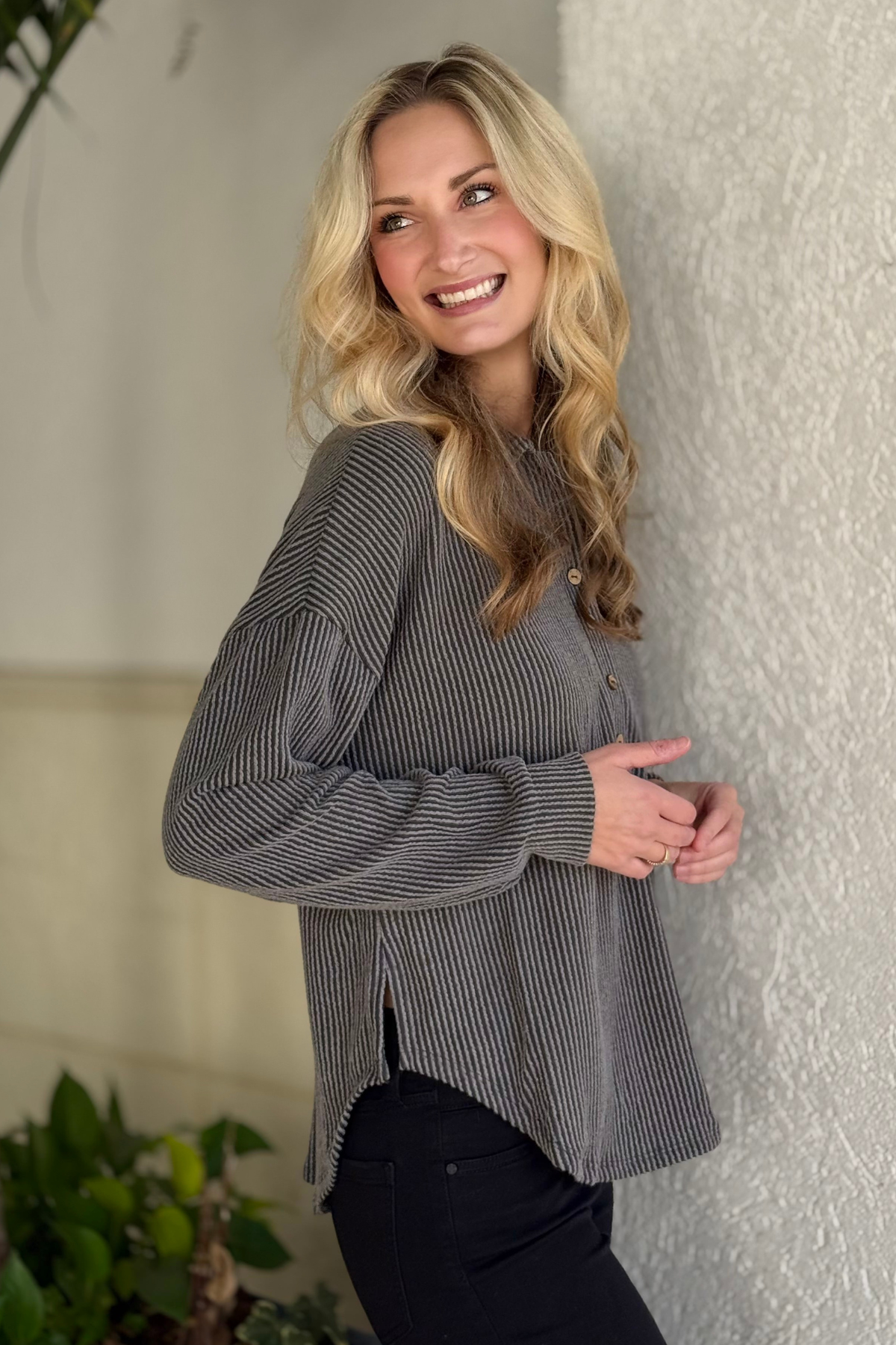 Long sleeve pinstripe textured knit top