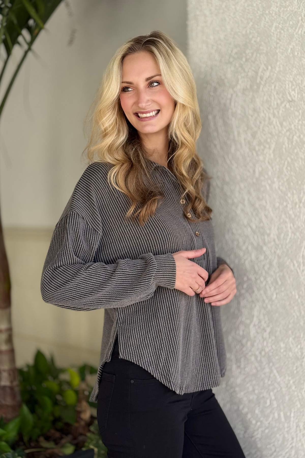 Cozy pinstripe knit top from The Pink Nickel