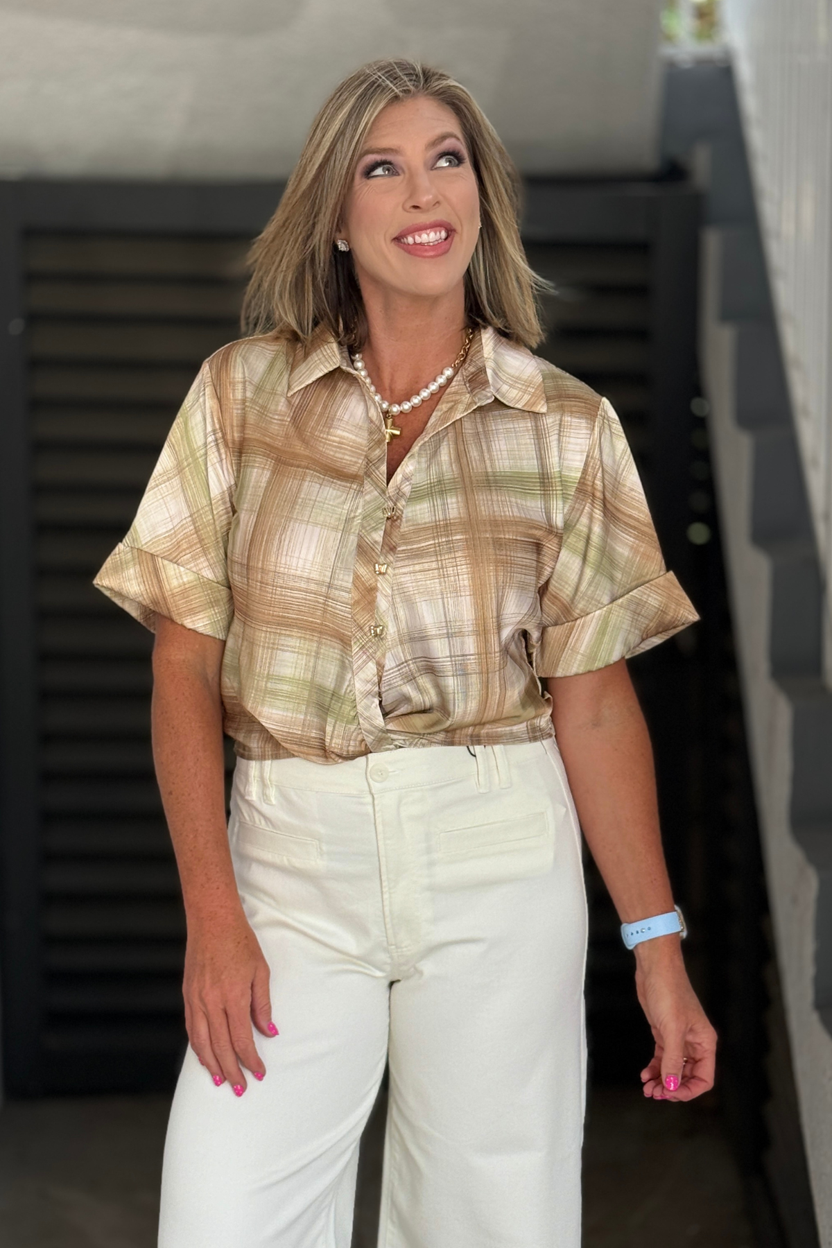 Neutral plaid satin twist-front blouse