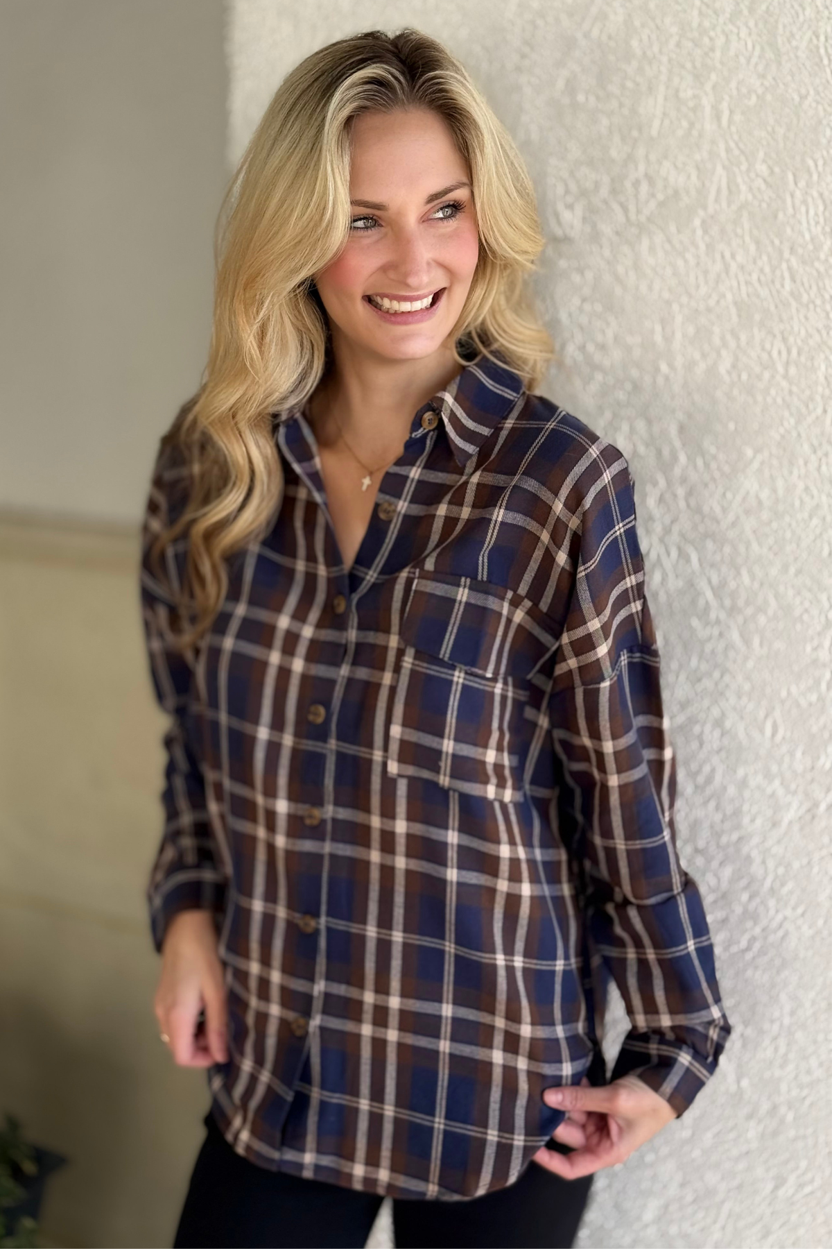Drop shoulder plaid shirt with button front