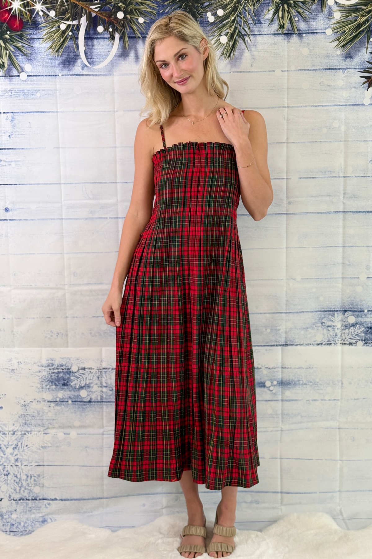 Red and green tartan holiday dress with smocked bodice