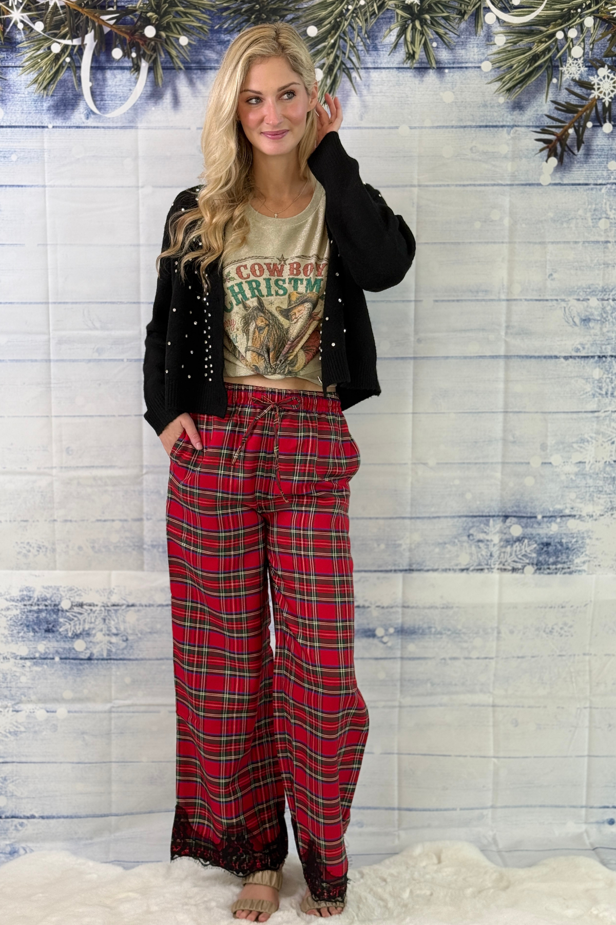 Women’s Christmas plaid wide leg pants with black lace trim