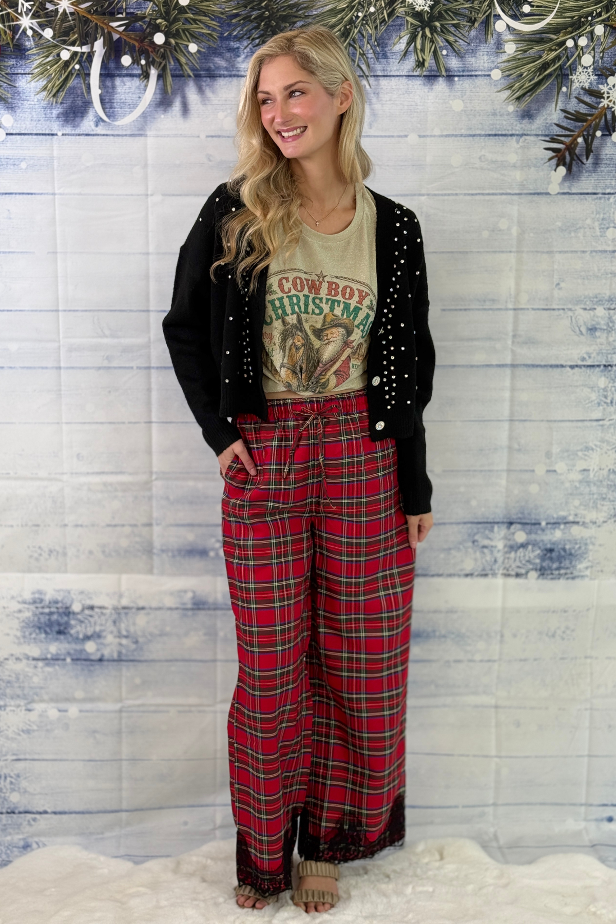 Red tartan plaid holiday pants for women
Christmas plaid elastic waist wide leg pants